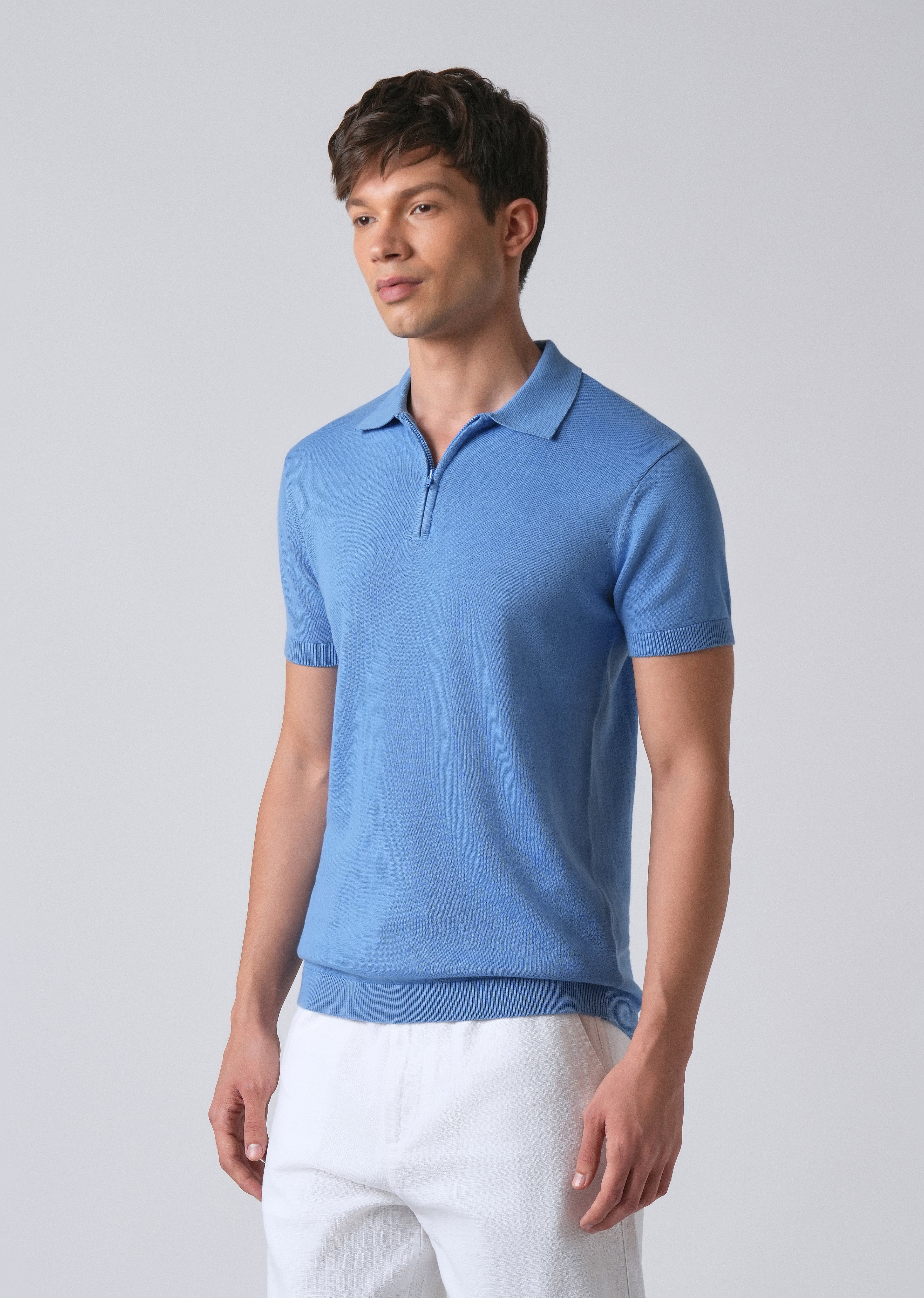 Light Blue Knitted Polo Zipper T-shirt