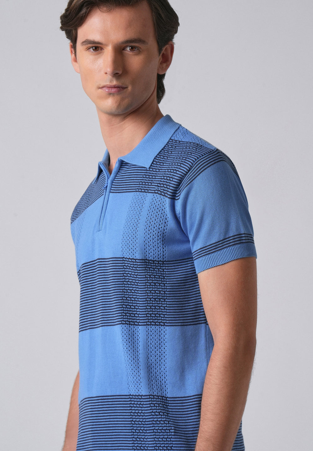 Blue Knitted Polo Zipper T-shirt