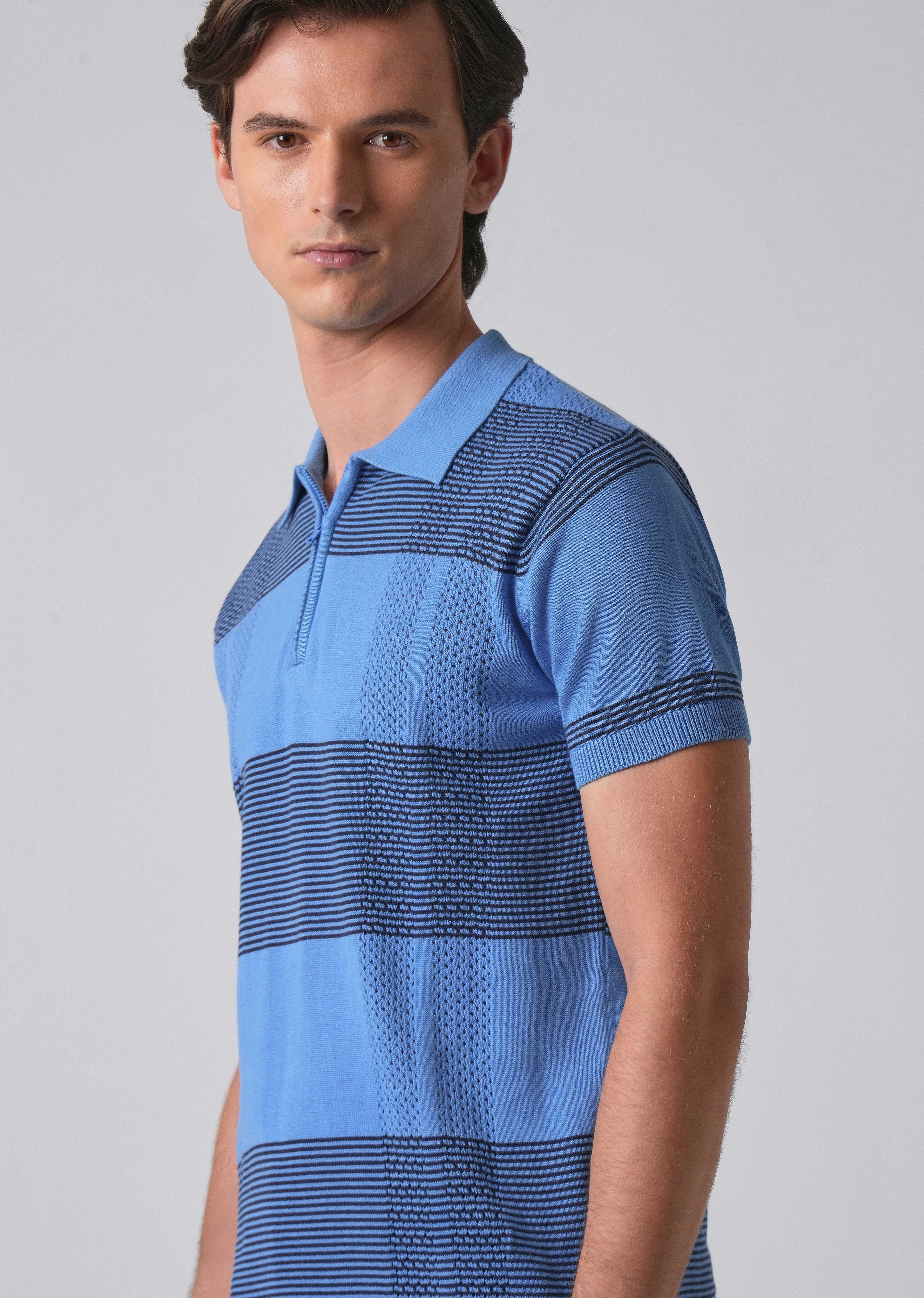Blue Knitted Polo Zipper T-shirt