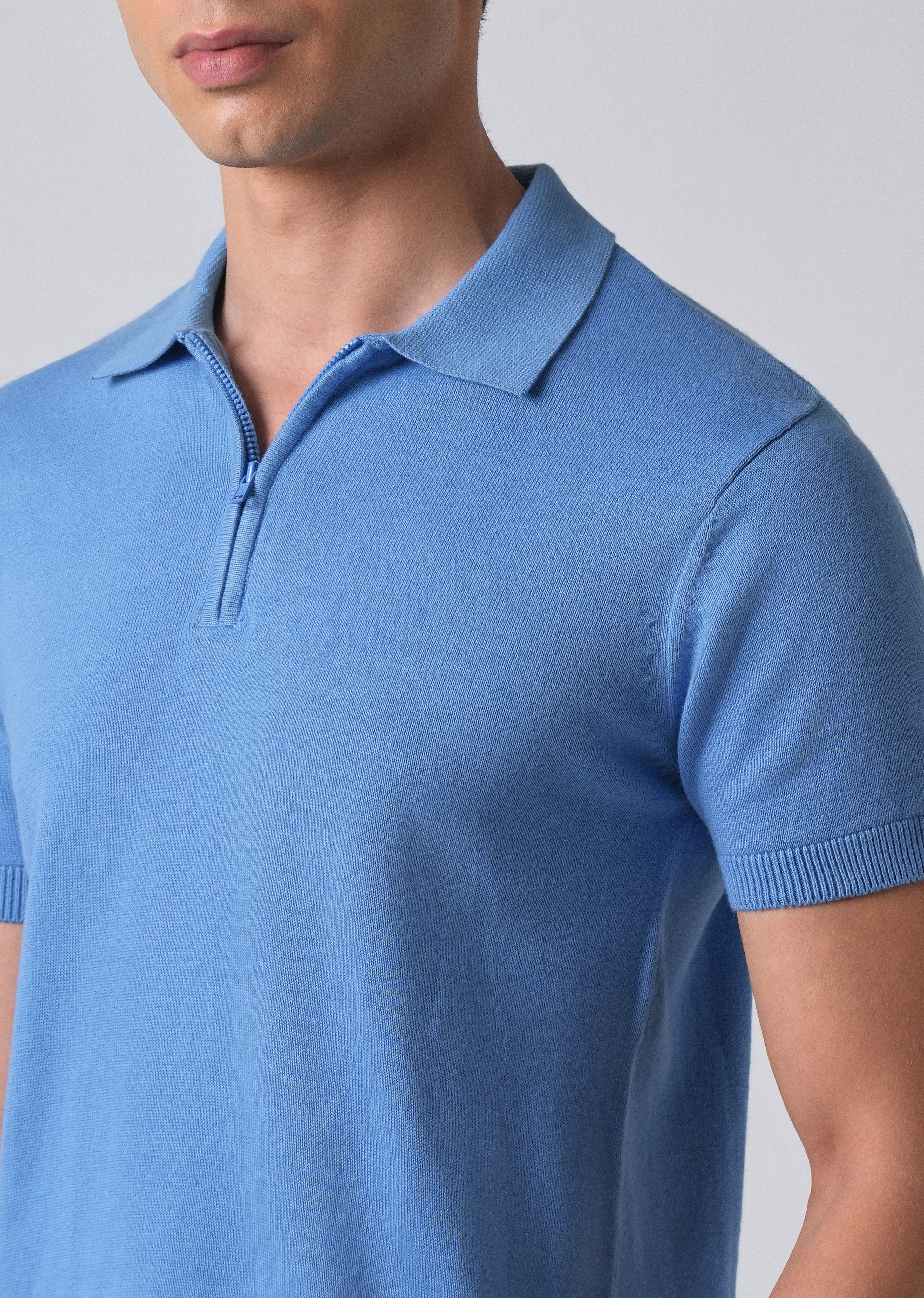 Light Blue Knitted Polo Zipper T-shirt