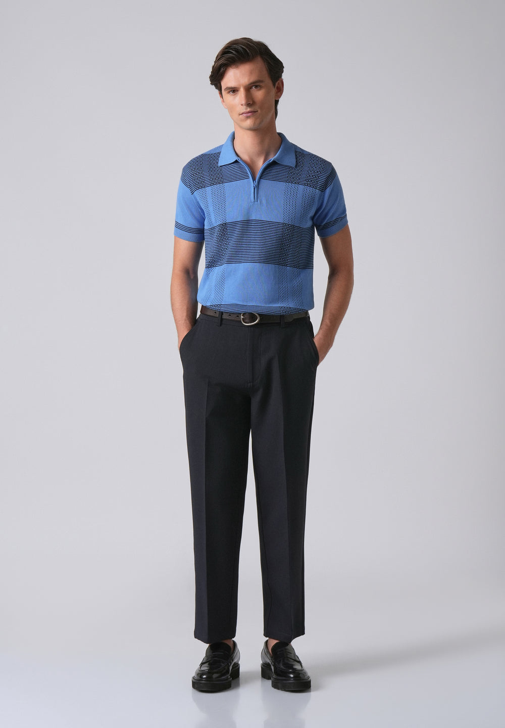 Blue Knitted Polo Zipper T-shirt