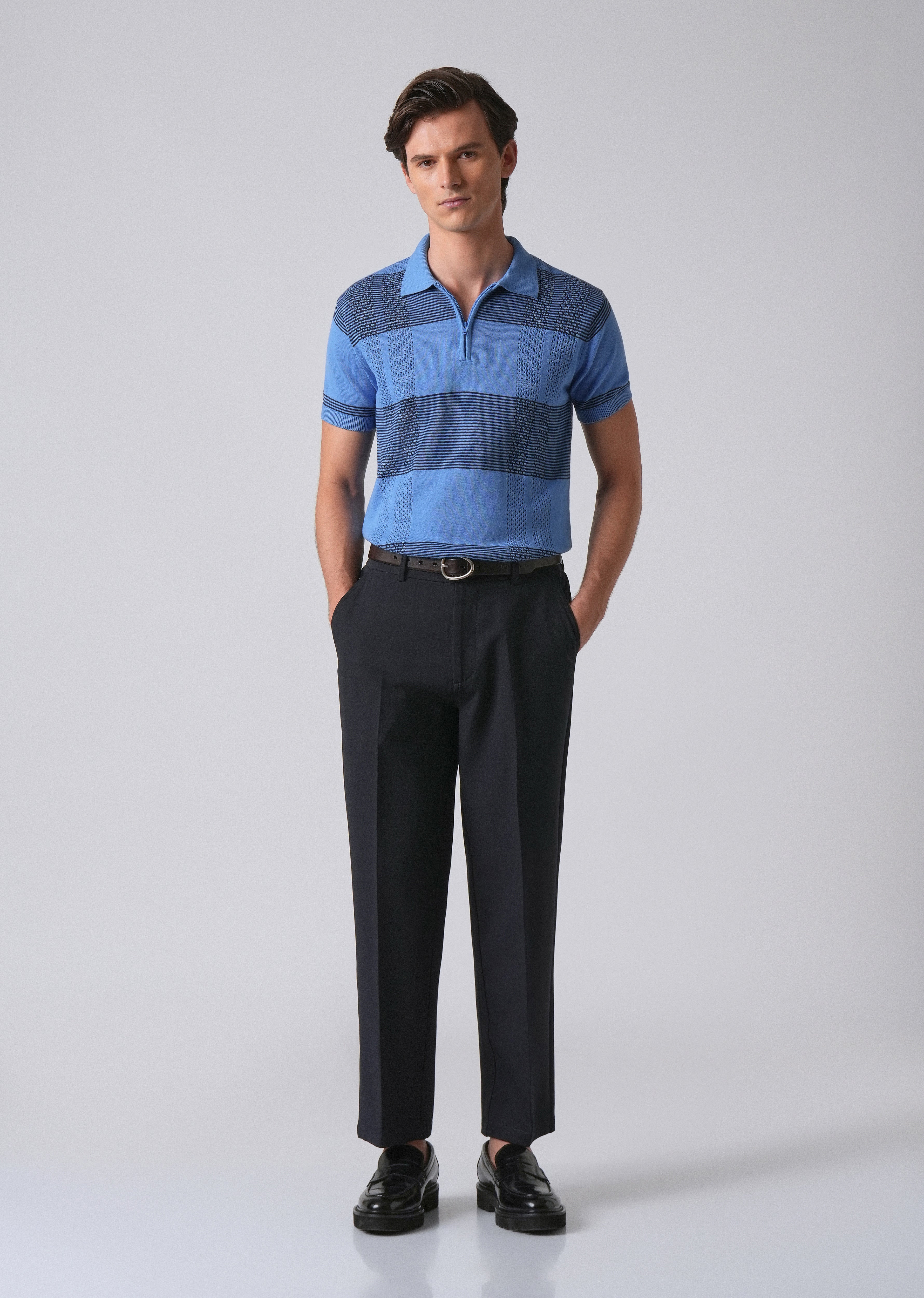 Blue Knitted Polo Zipper T-shirt