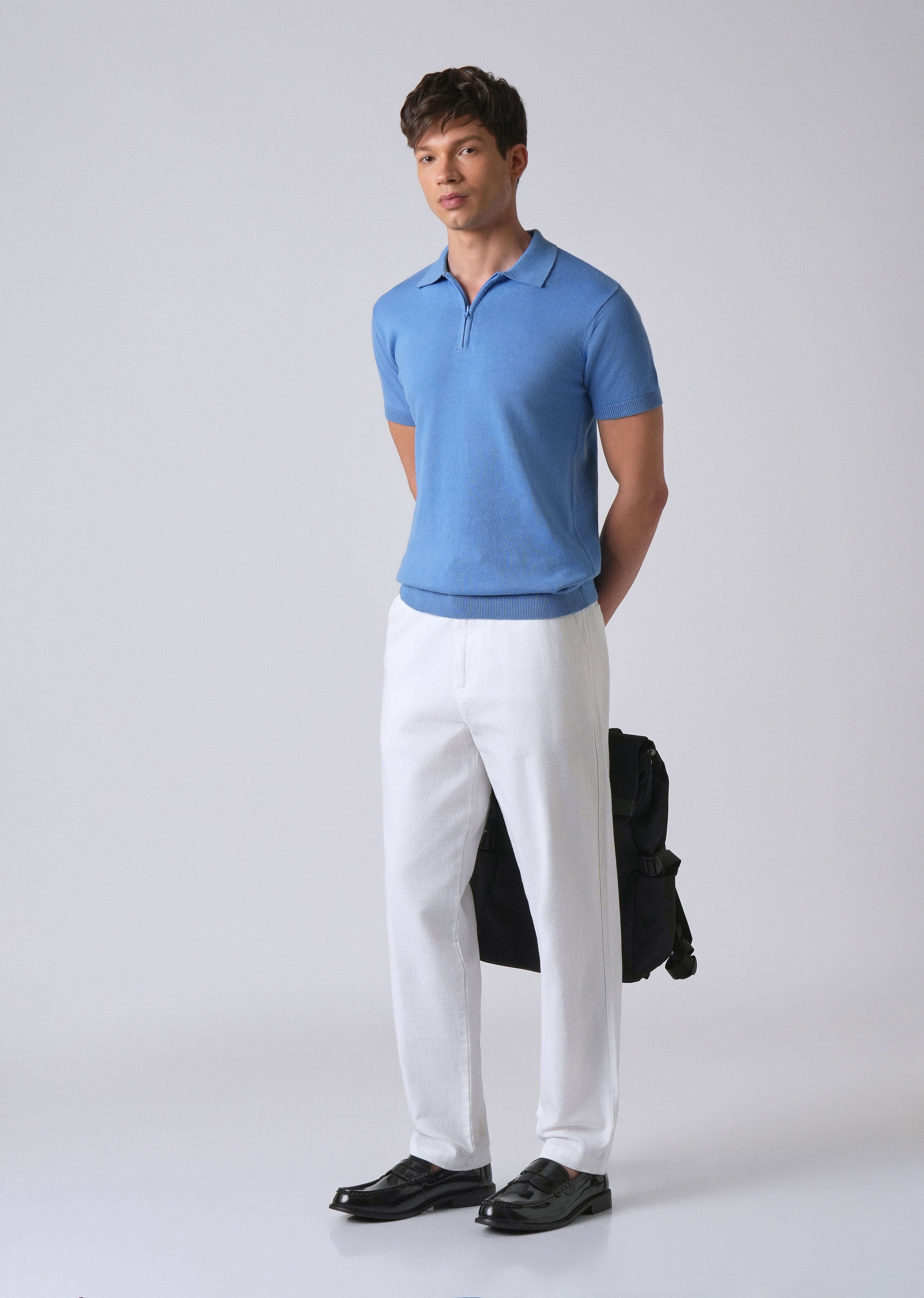 Light Blue Knitted Polo Zipper T-shirt