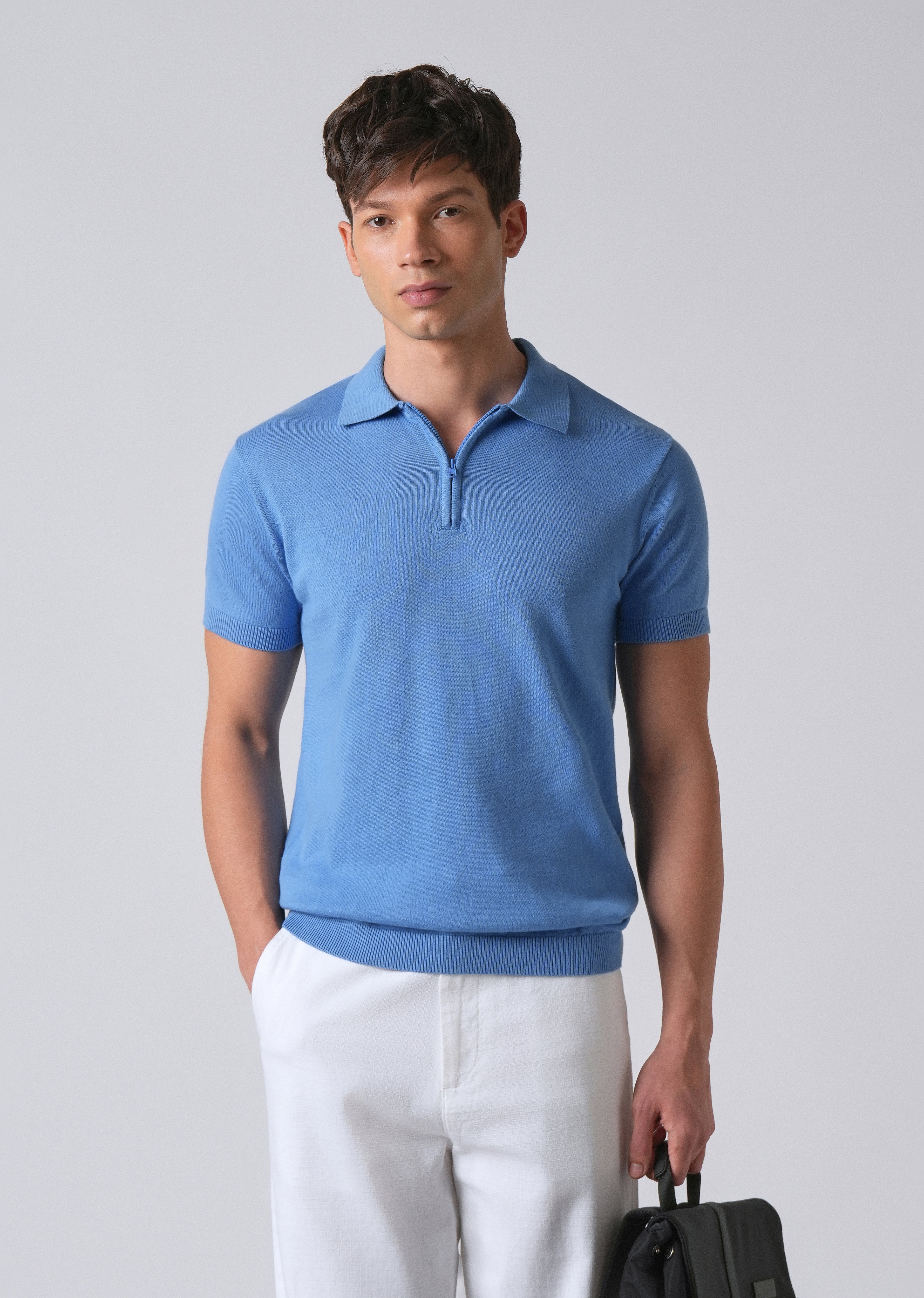 Light Blue Knitted Polo Zipper T-shirt