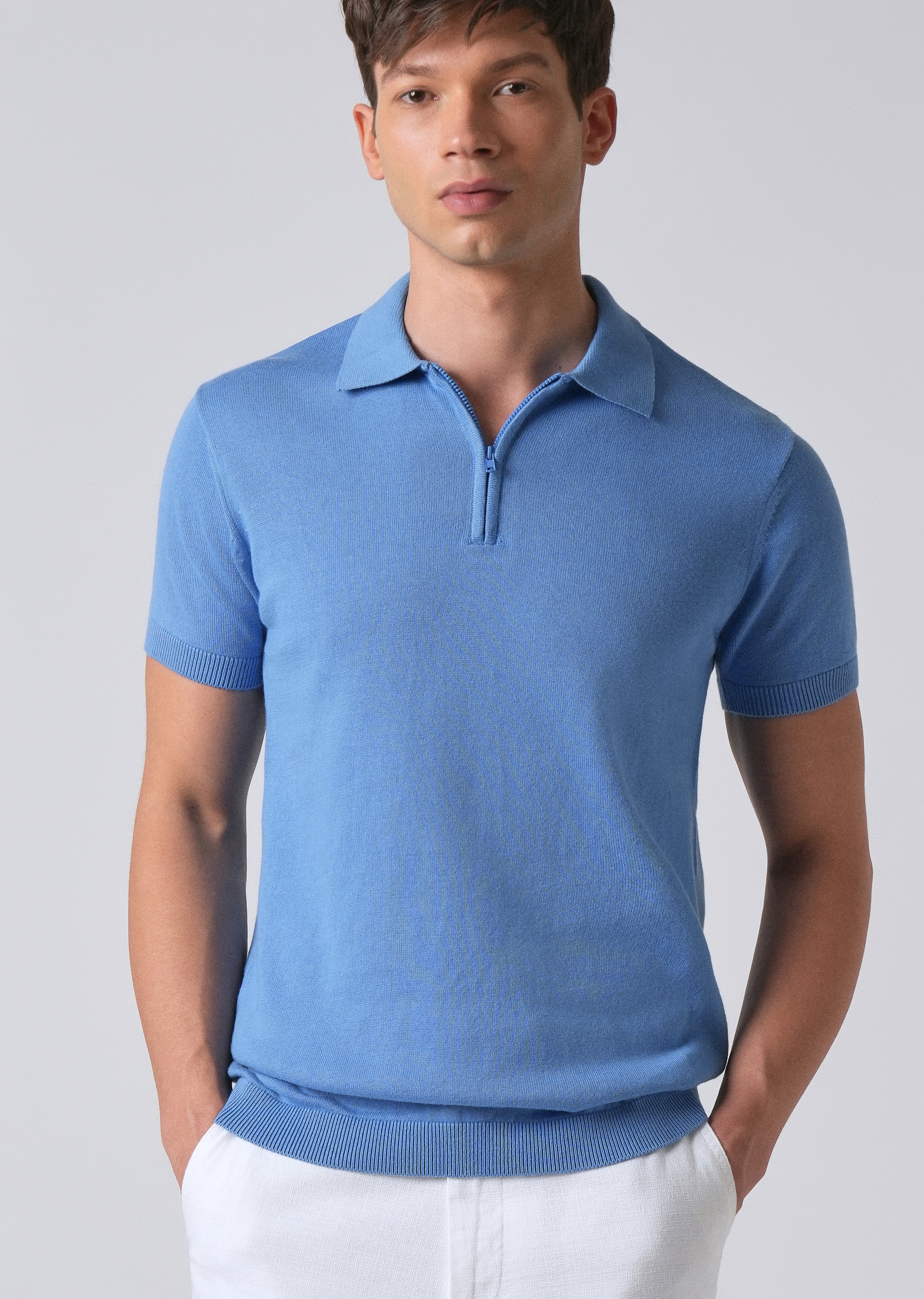Light Blue Knitted Polo Zipper T-shirt