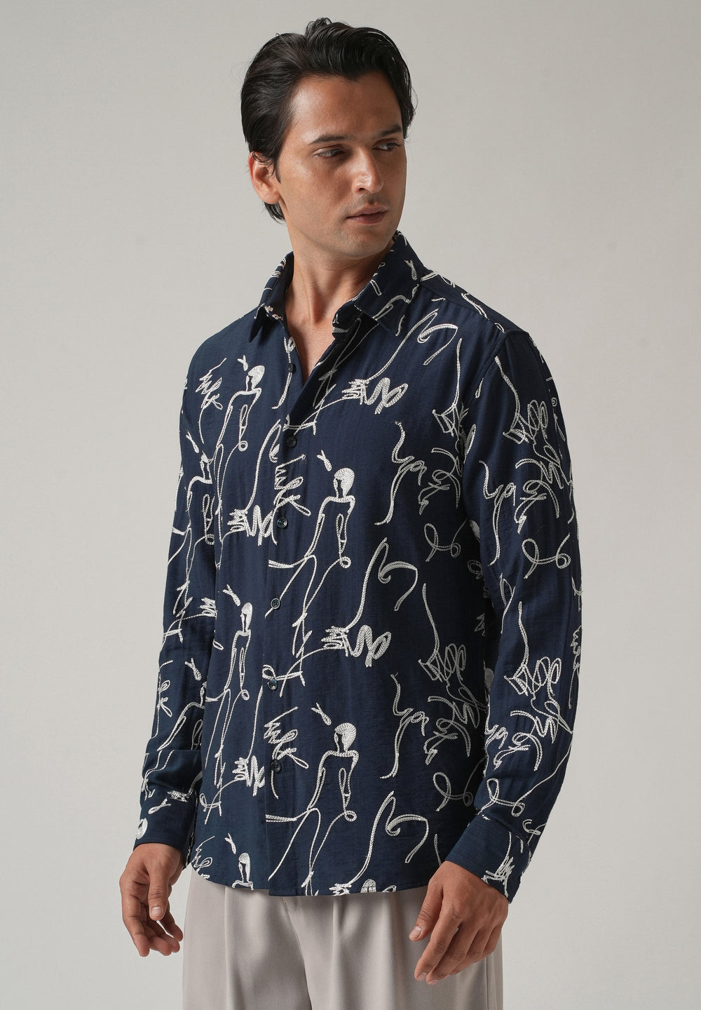 Blue Line Art Embroidery Shirt