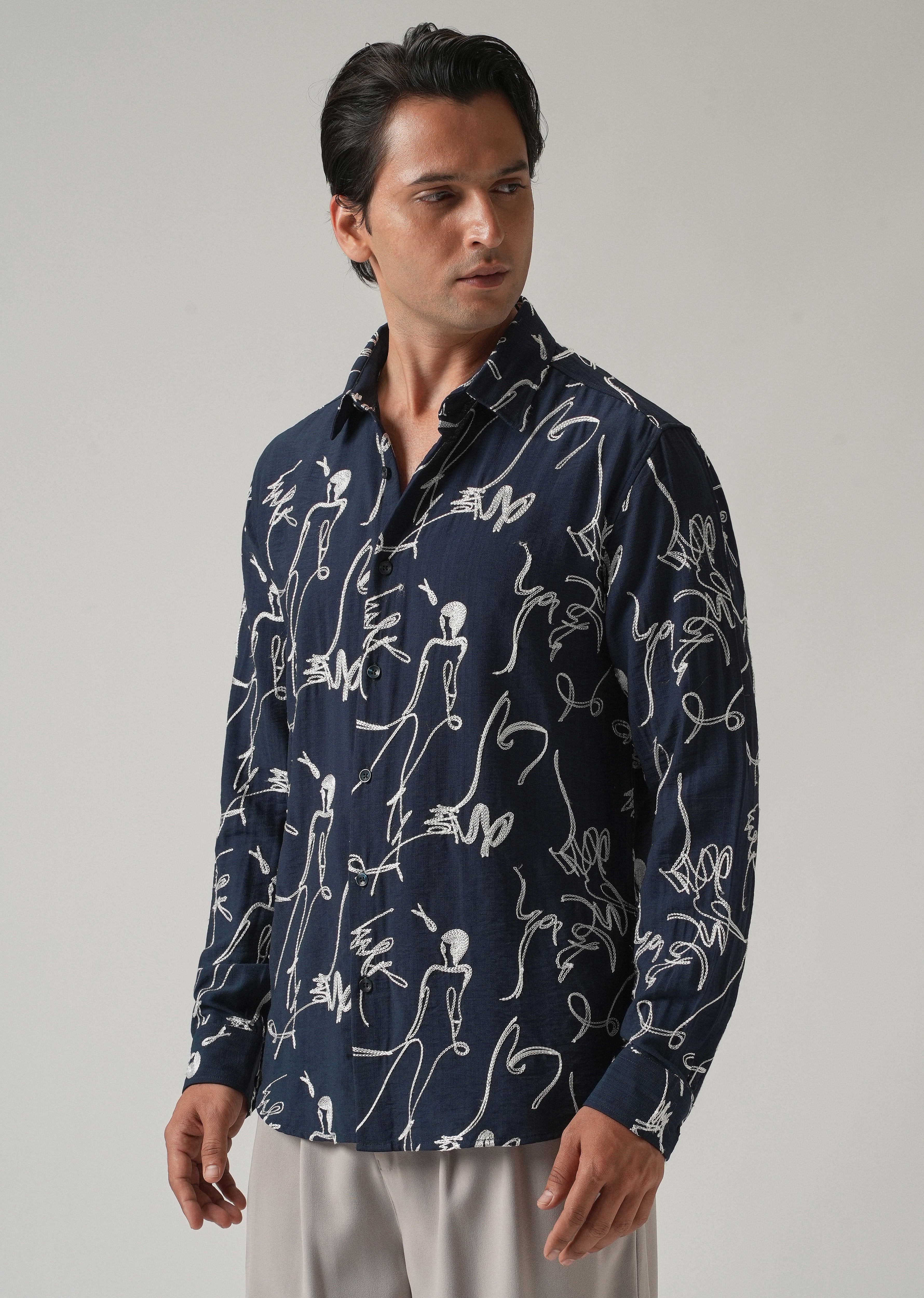 Blue Line Art Embroidery Shirt