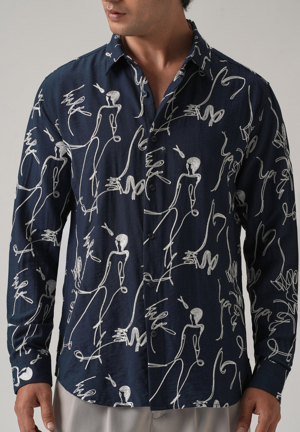 Blue Line Art Embroidery Shirt