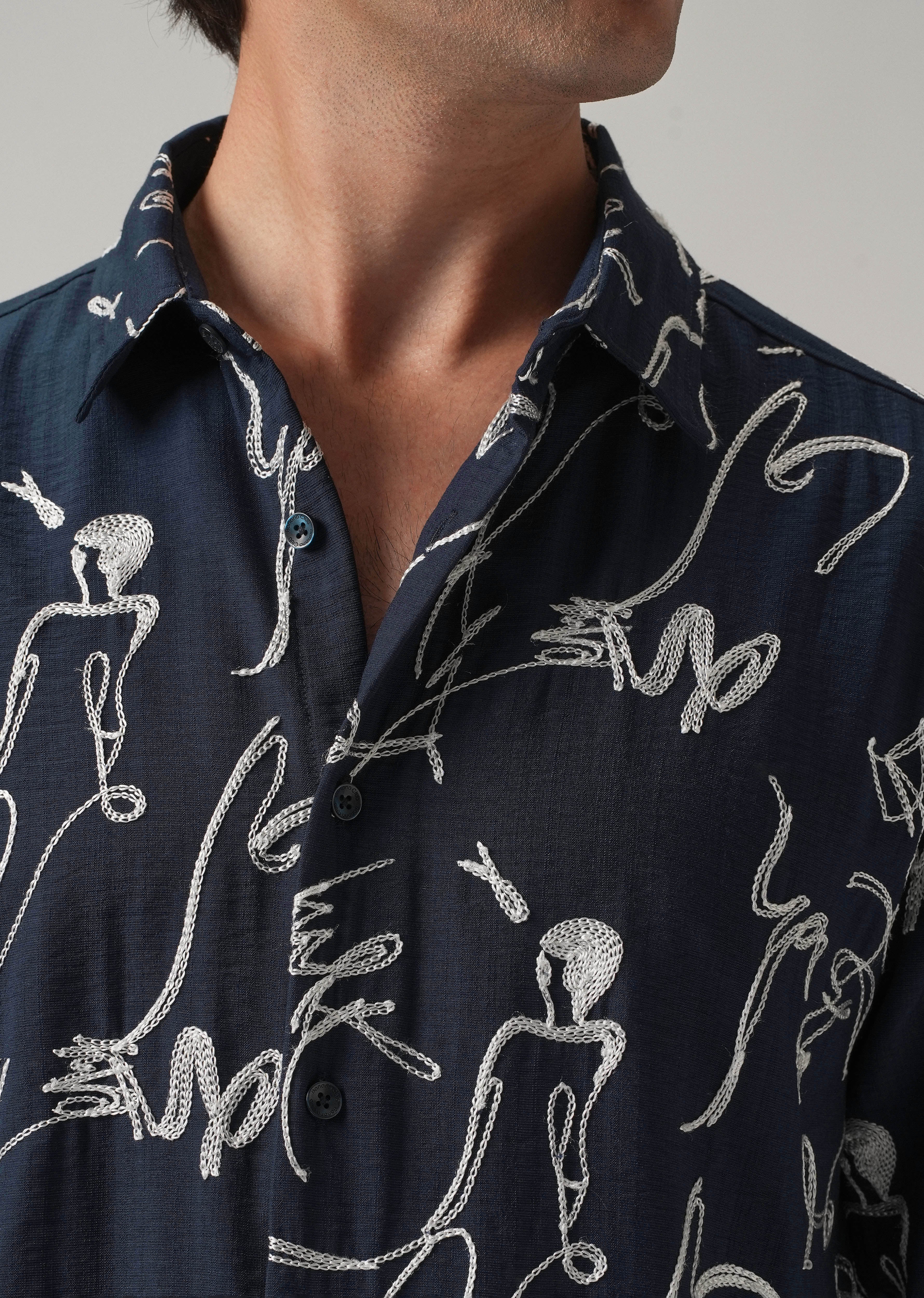 Blue Line Art Embroidery Shirt