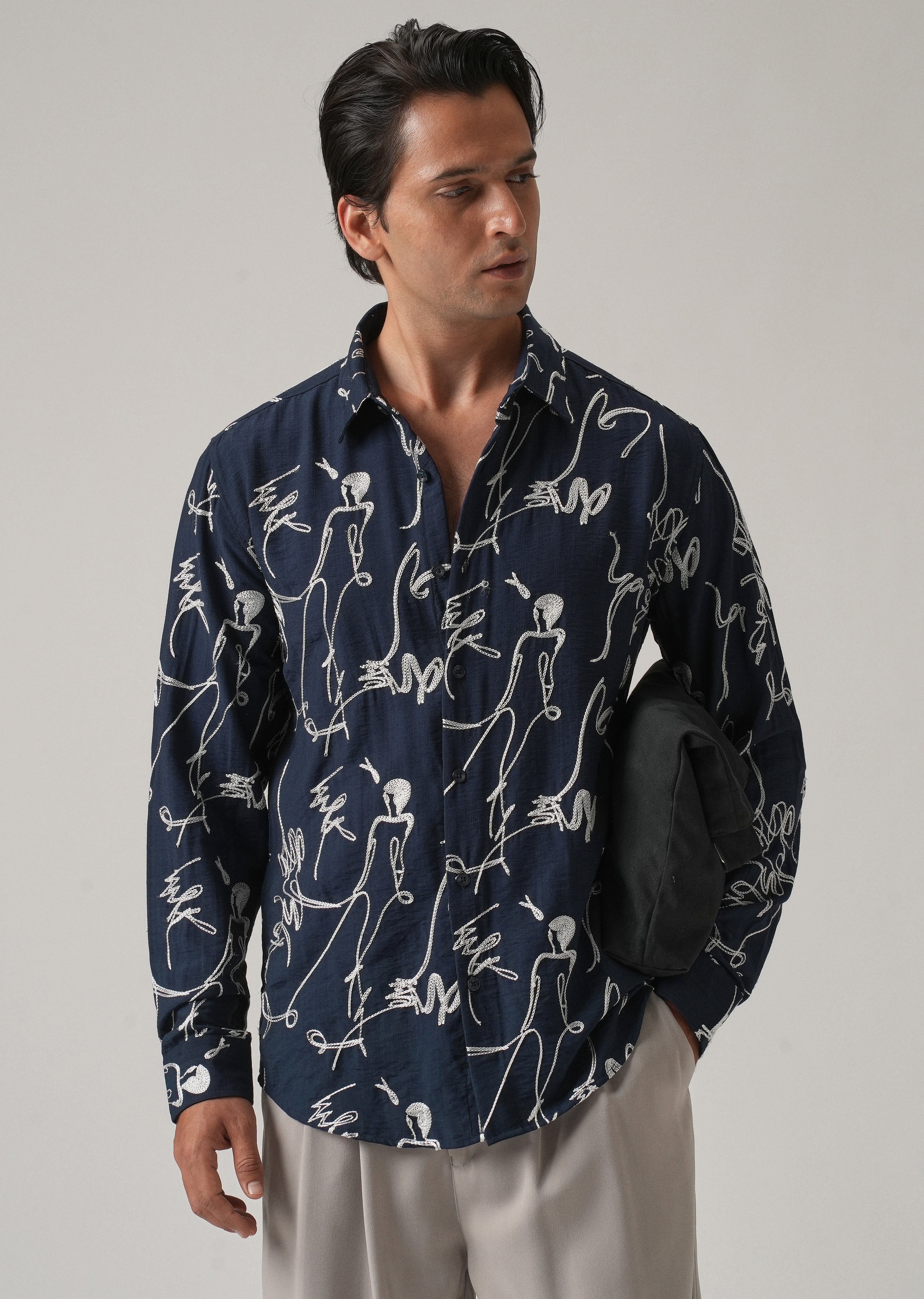 Blue Line Art Embroidery Shirt