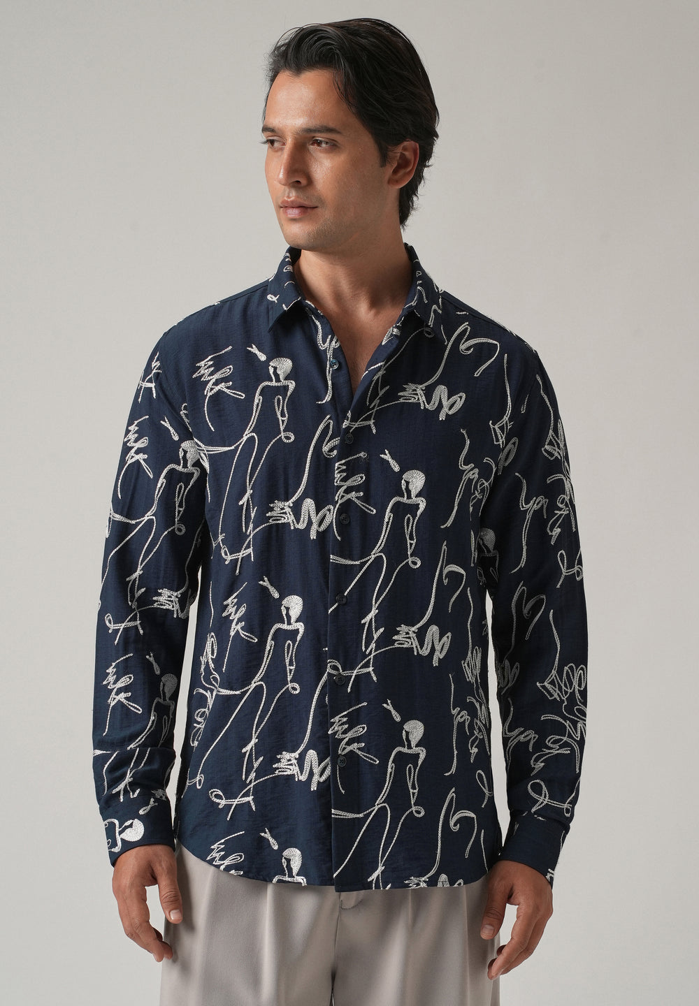 Blue Line Art Embroidery Shirt