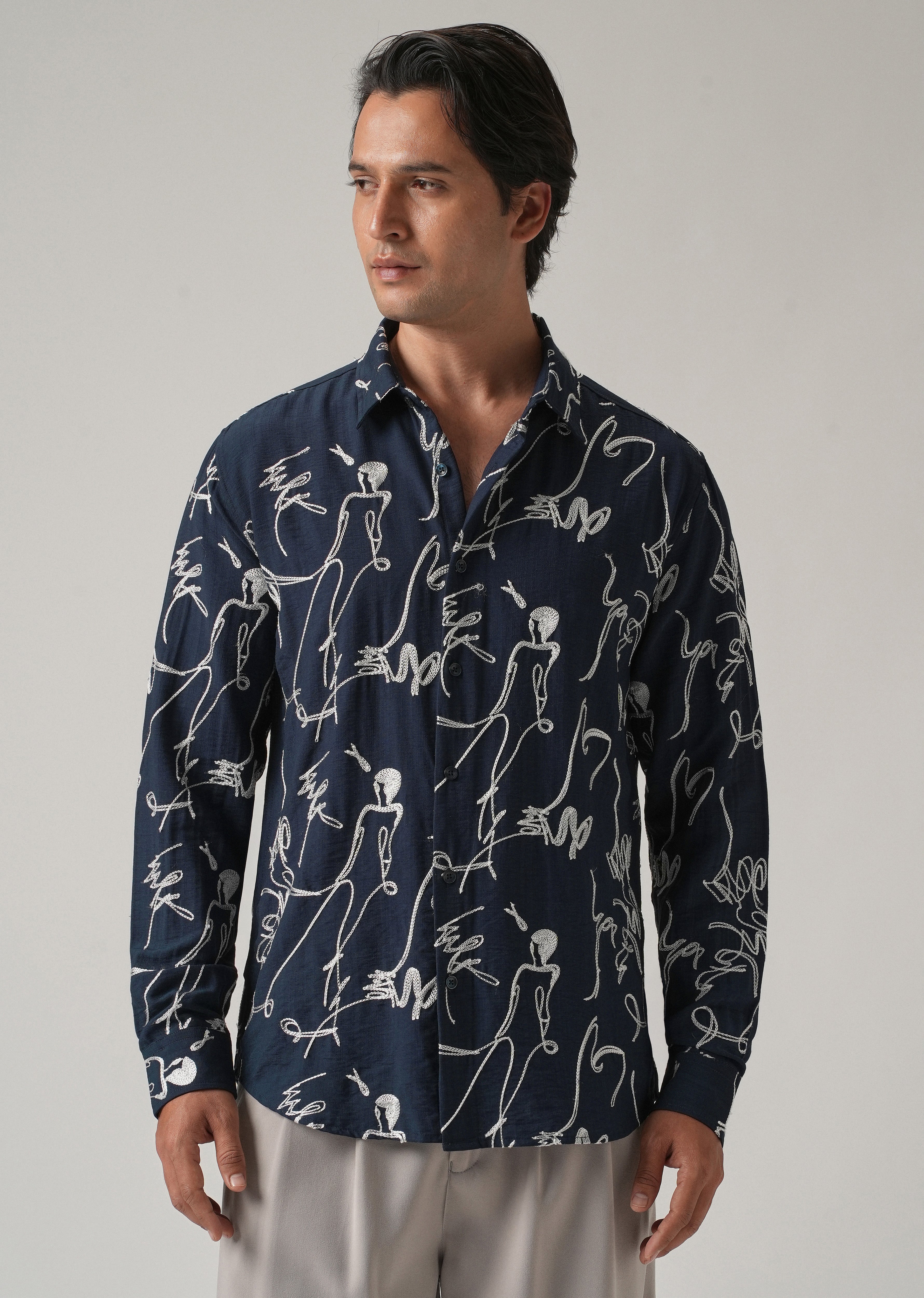 Blue Line Art Embroidery Shirt