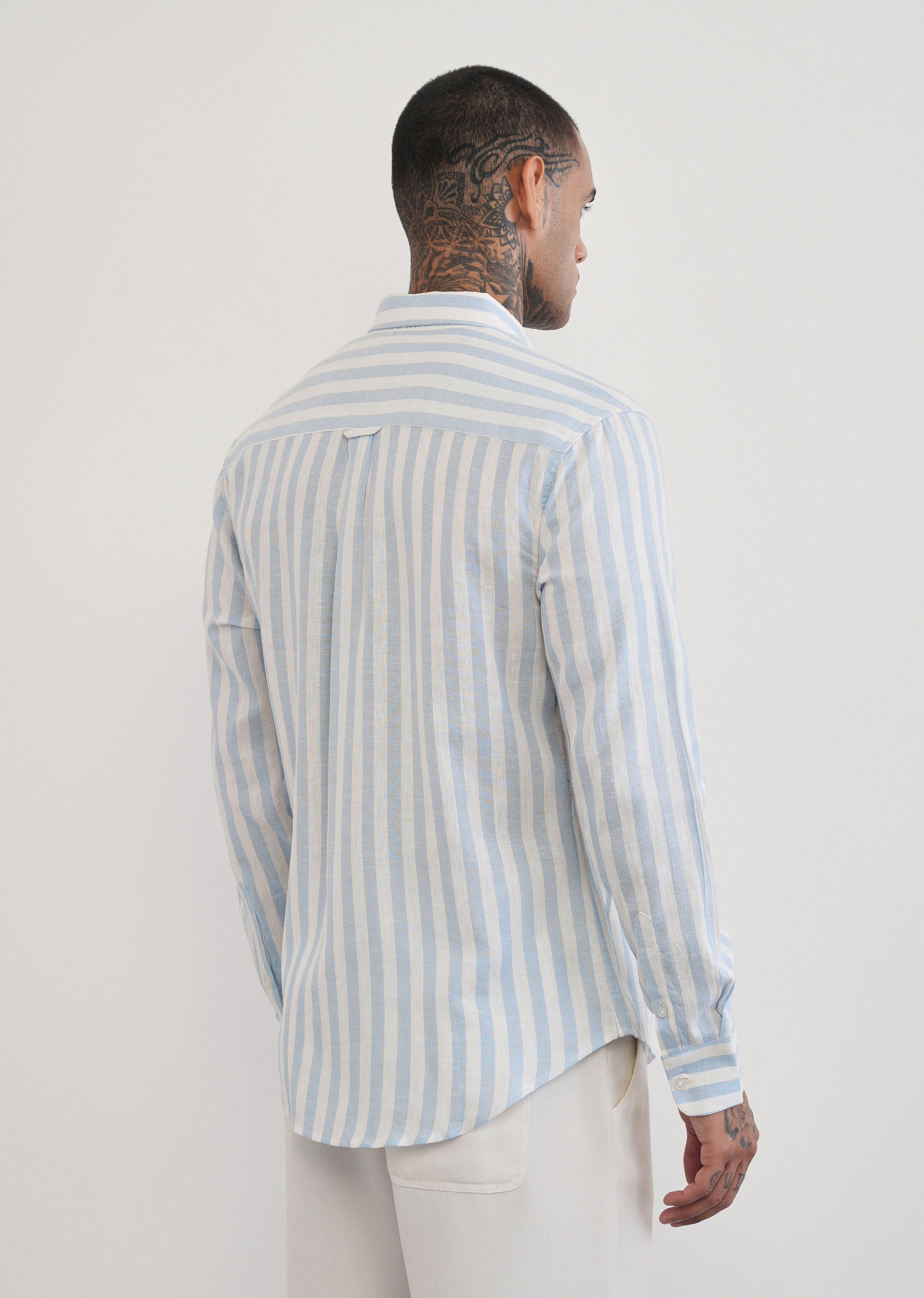 Blue Lyocell Linen Blend Stripe Shirt