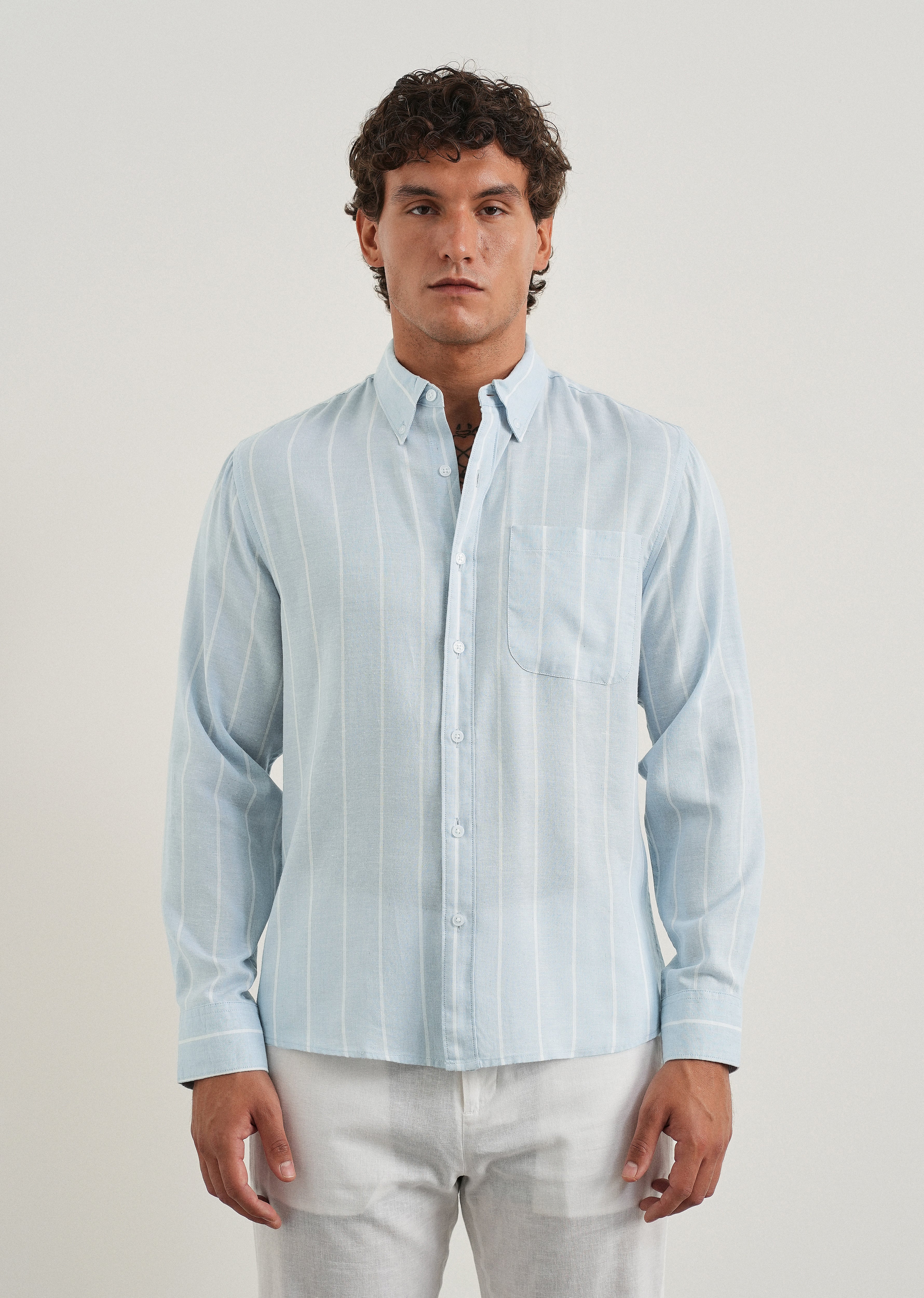 Blue Lyocell Linen Stripe Shirt