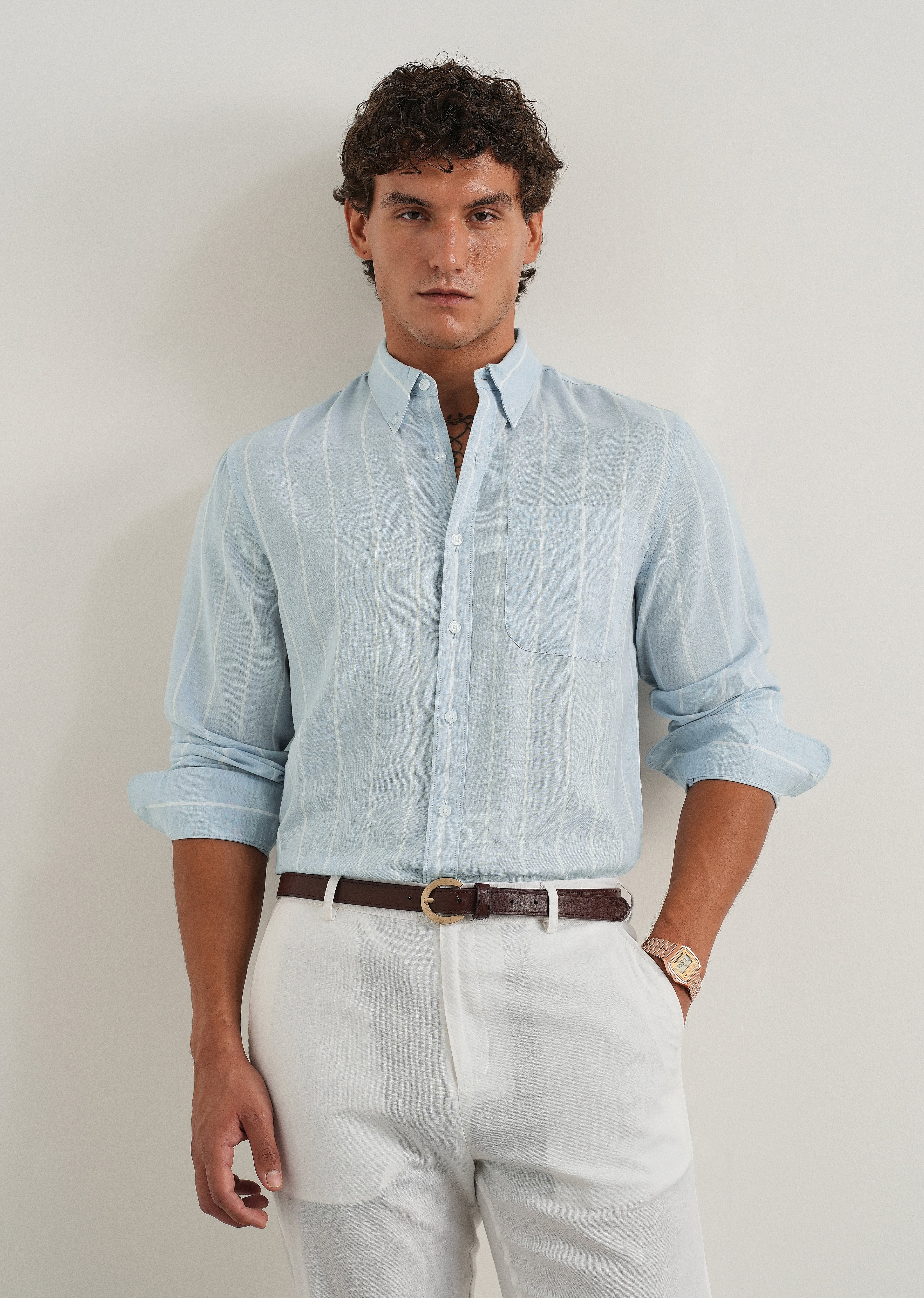 Blue Lyocell Linen Stripe Shirt
