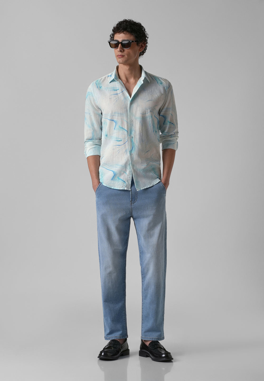 Blue Marble Printed Cotton Linen Shirt