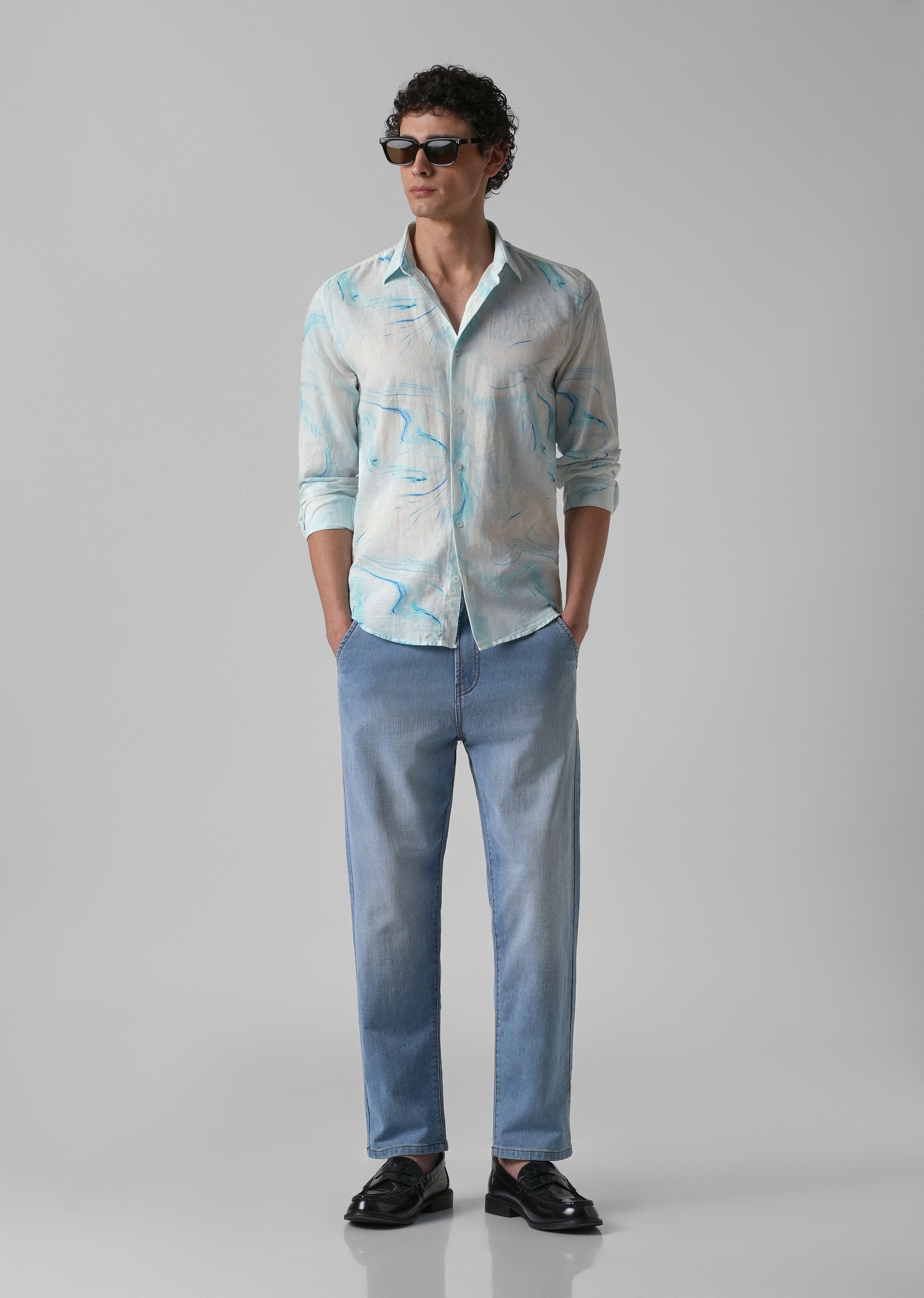 Blue Marble Printed Cotton Linen Shirt