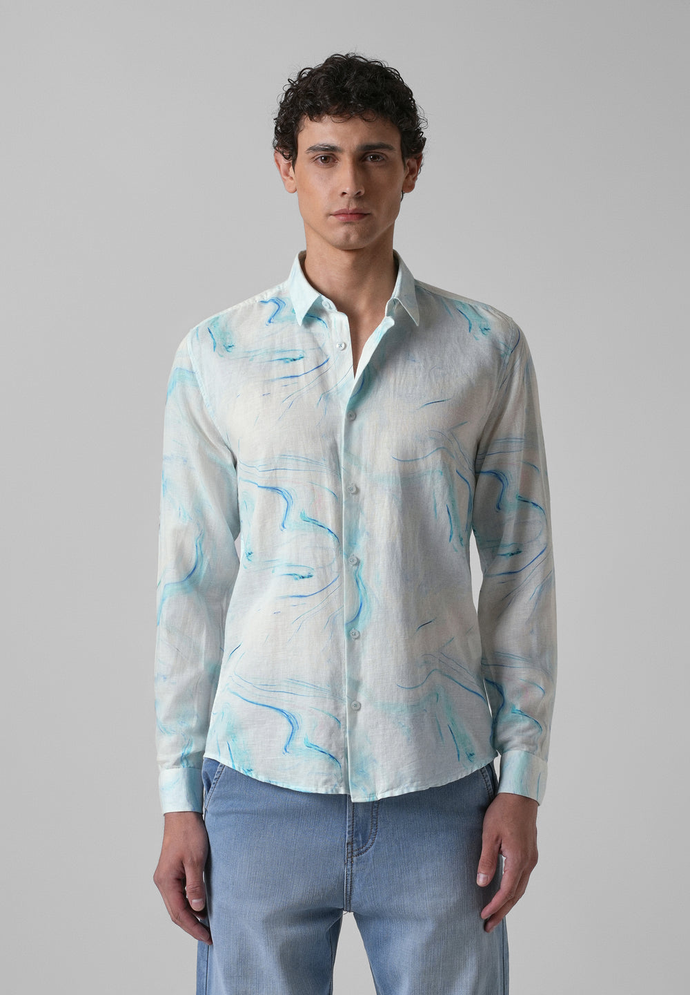 Blue Marble Printed Cotton Linen Shirt
