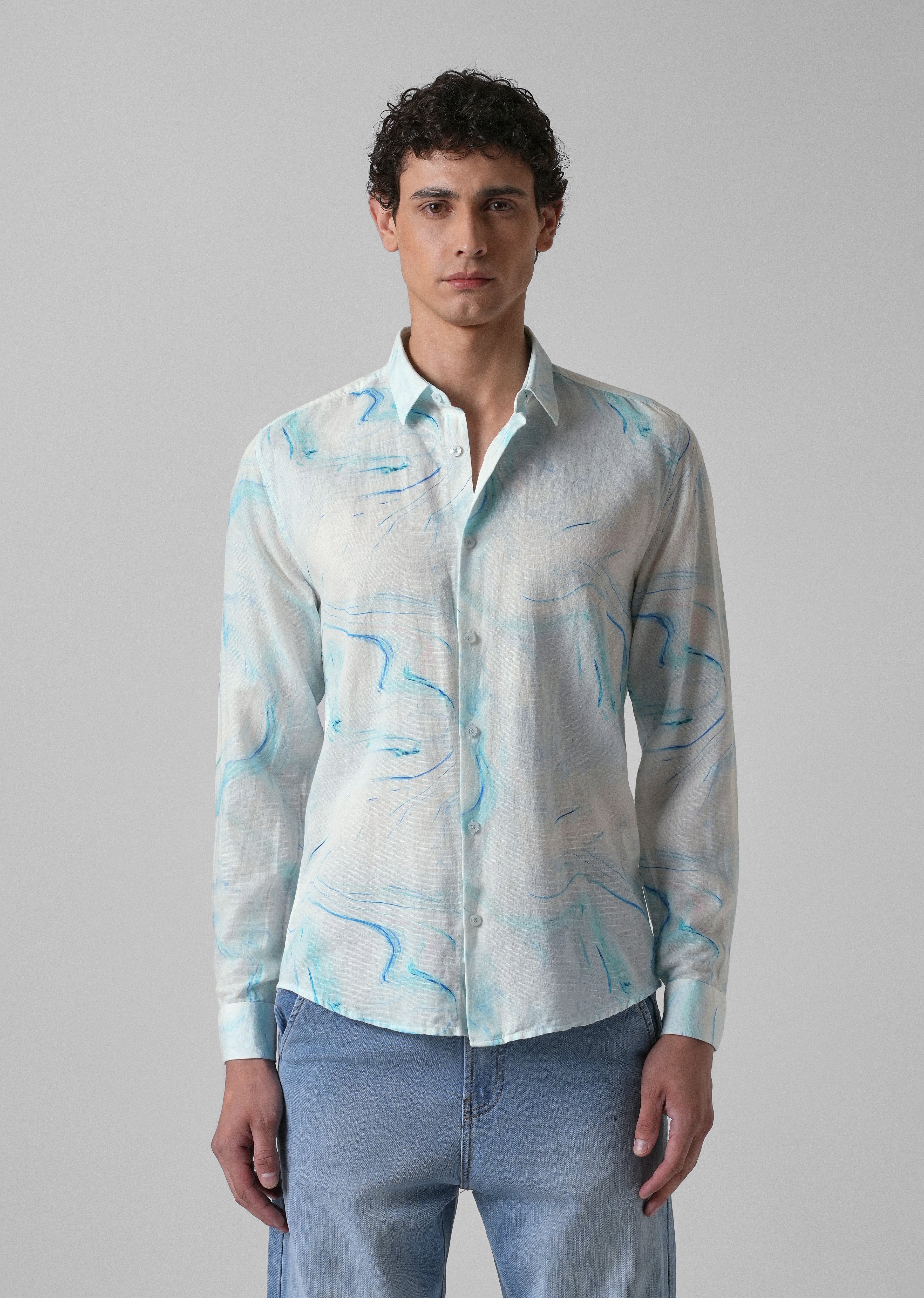 Blue Marble Printed Cotton Linen Shirt