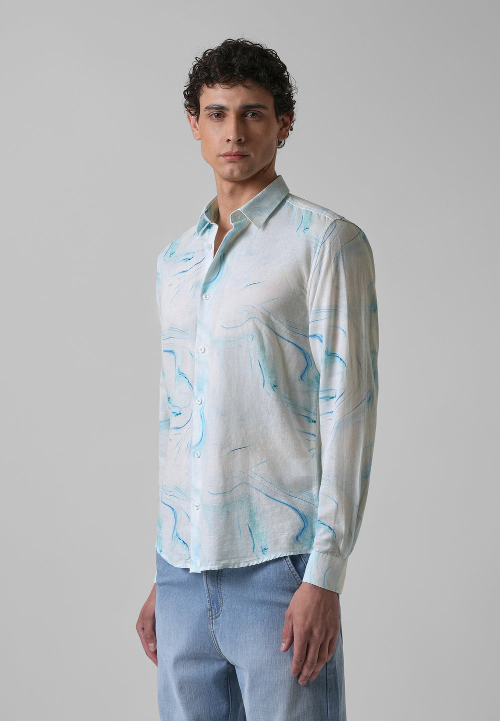 Blue Marble Printed Cotton Linen Shirt