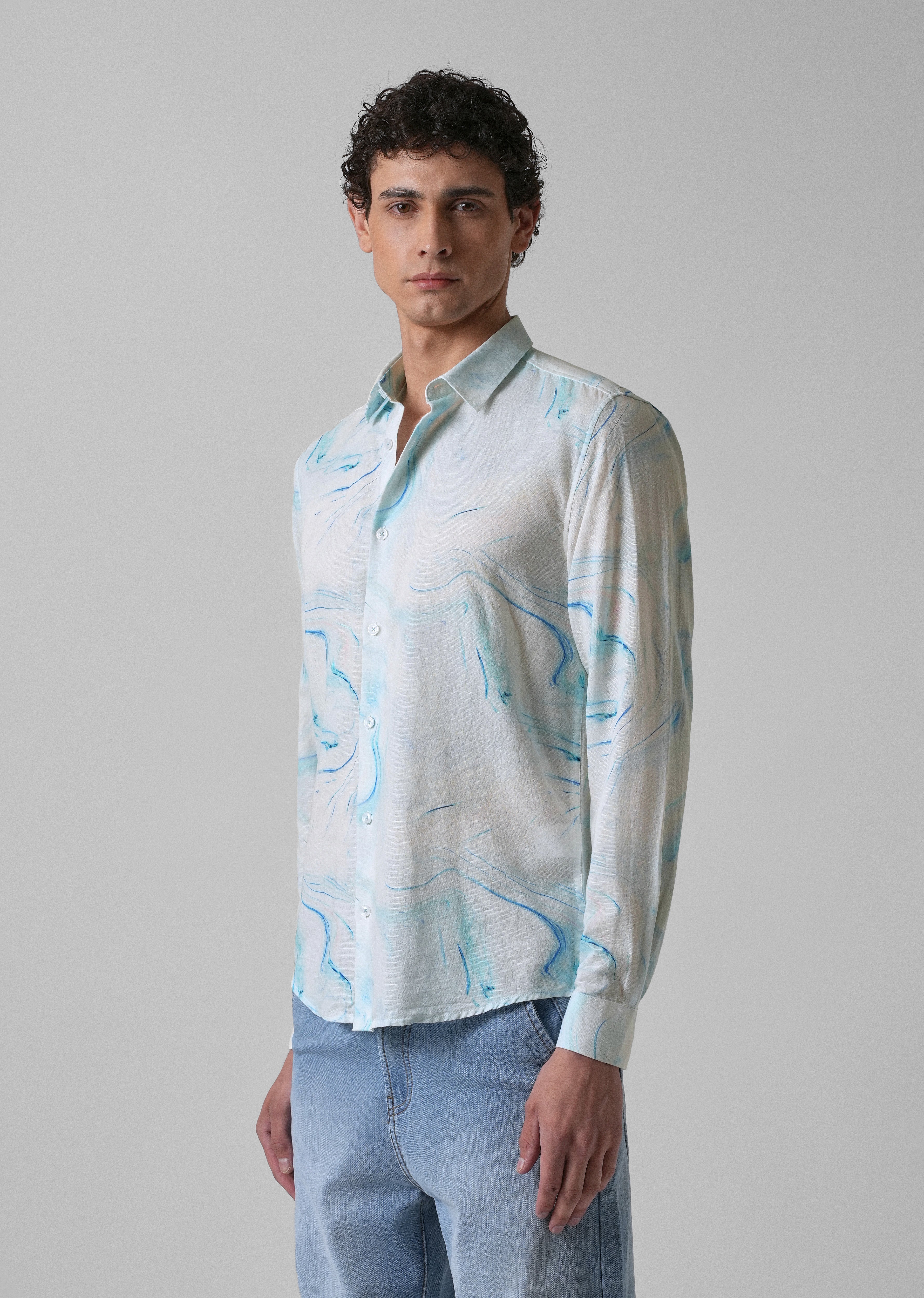 Blue Marble Printed Cotton Linen Shirt