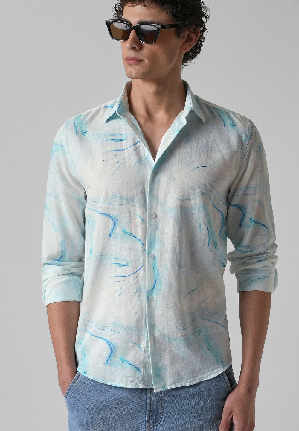 Blue Marble Printed Cotton Linen Shirt
