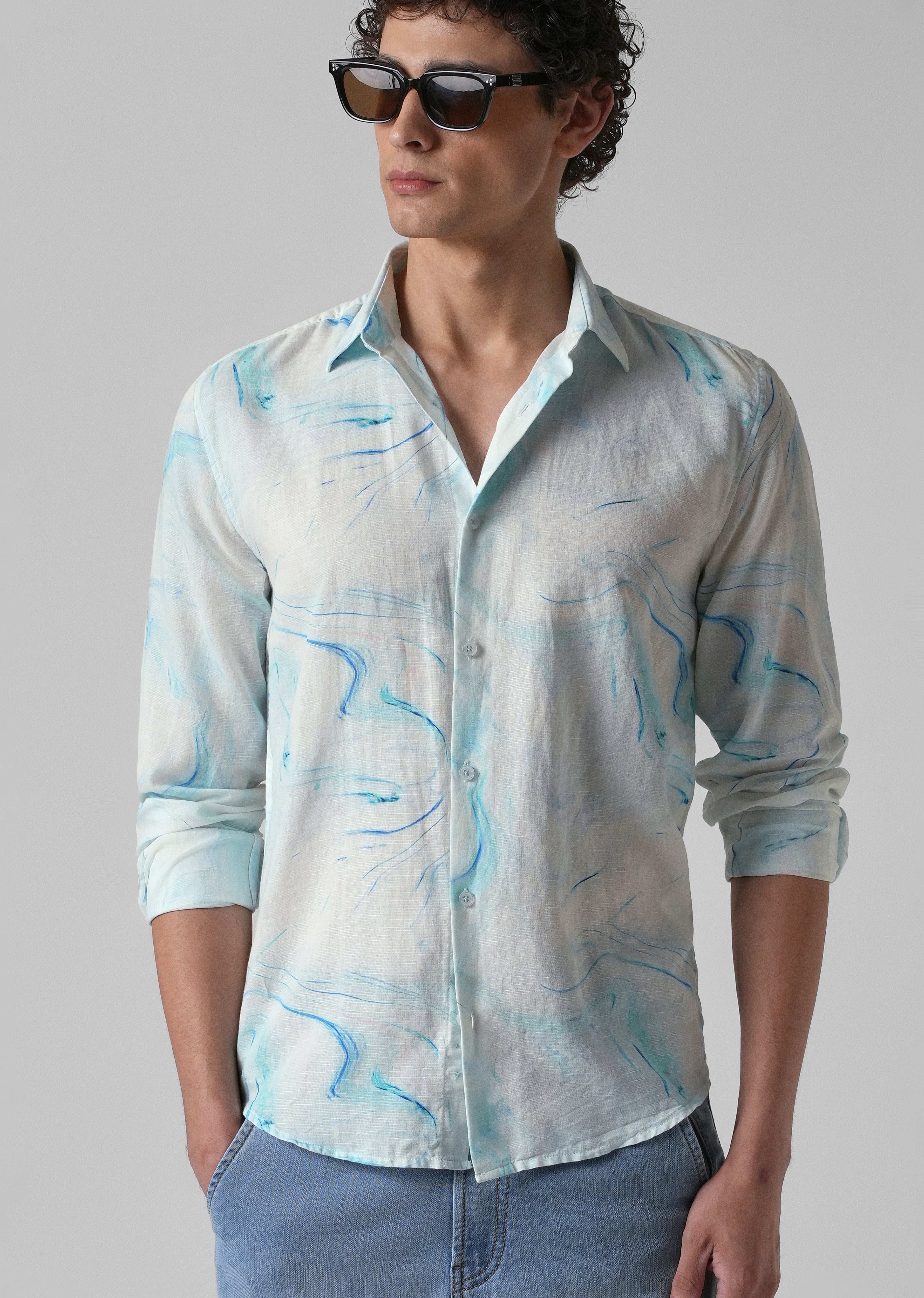 Blue Marble Printed Cotton Linen Shirt