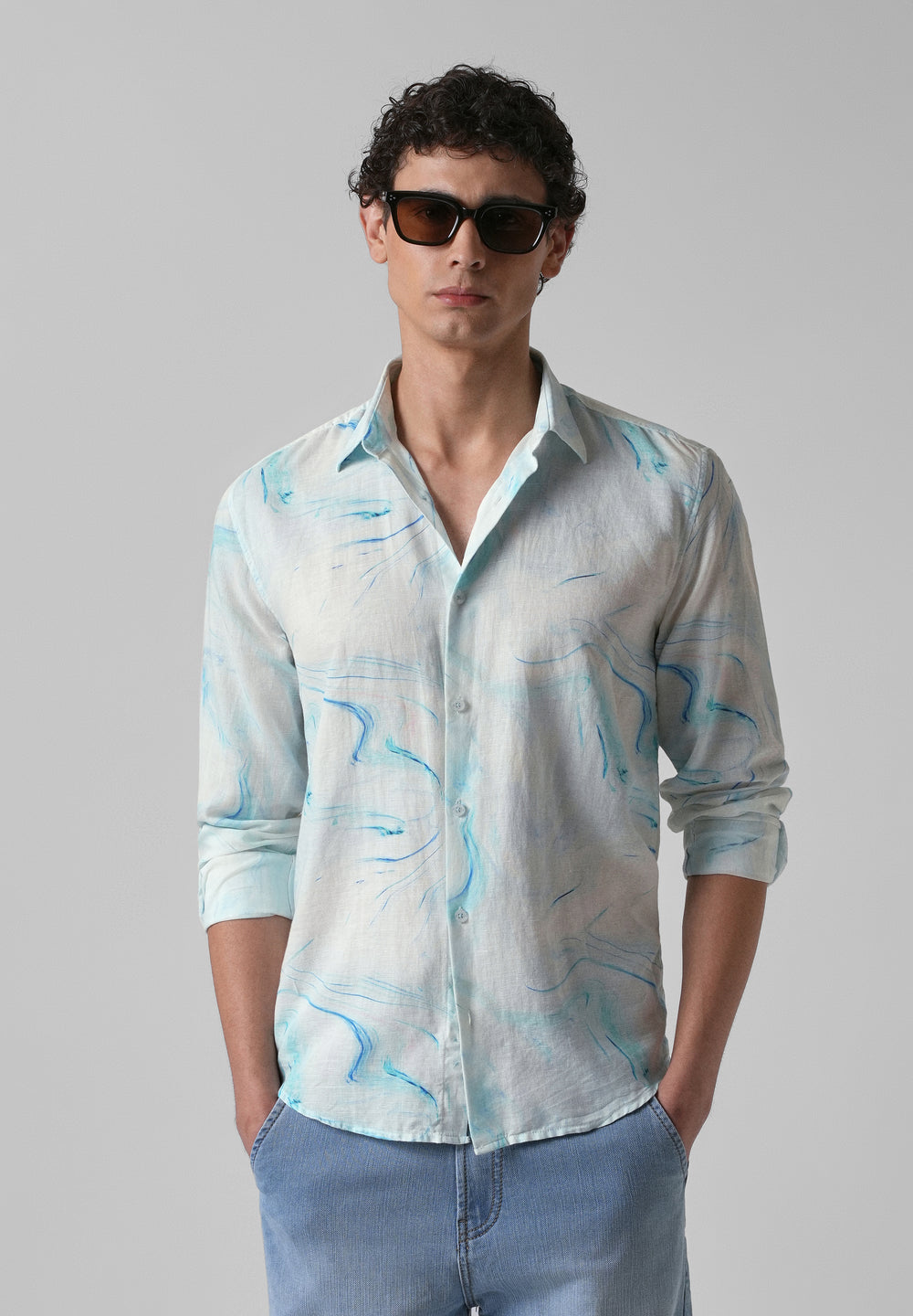 Blue Marble Printed Cotton Linen Shirt