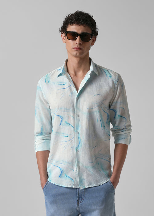 Blue Marble Printed Cotton Linen Shirt