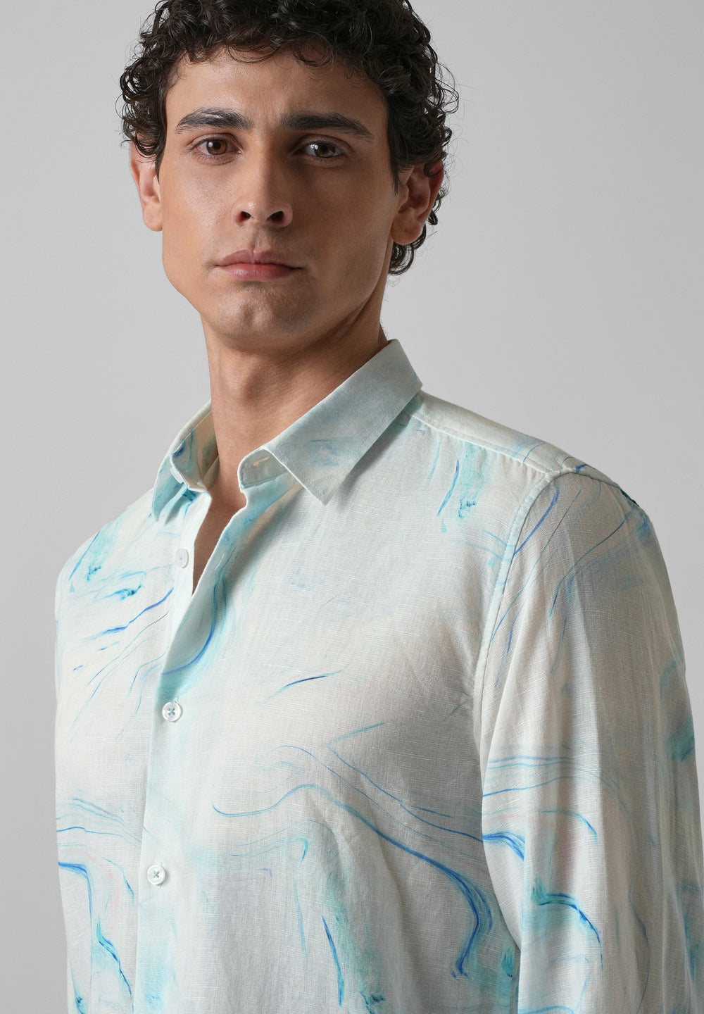 Blue Marble Printed Cotton Linen Shirt