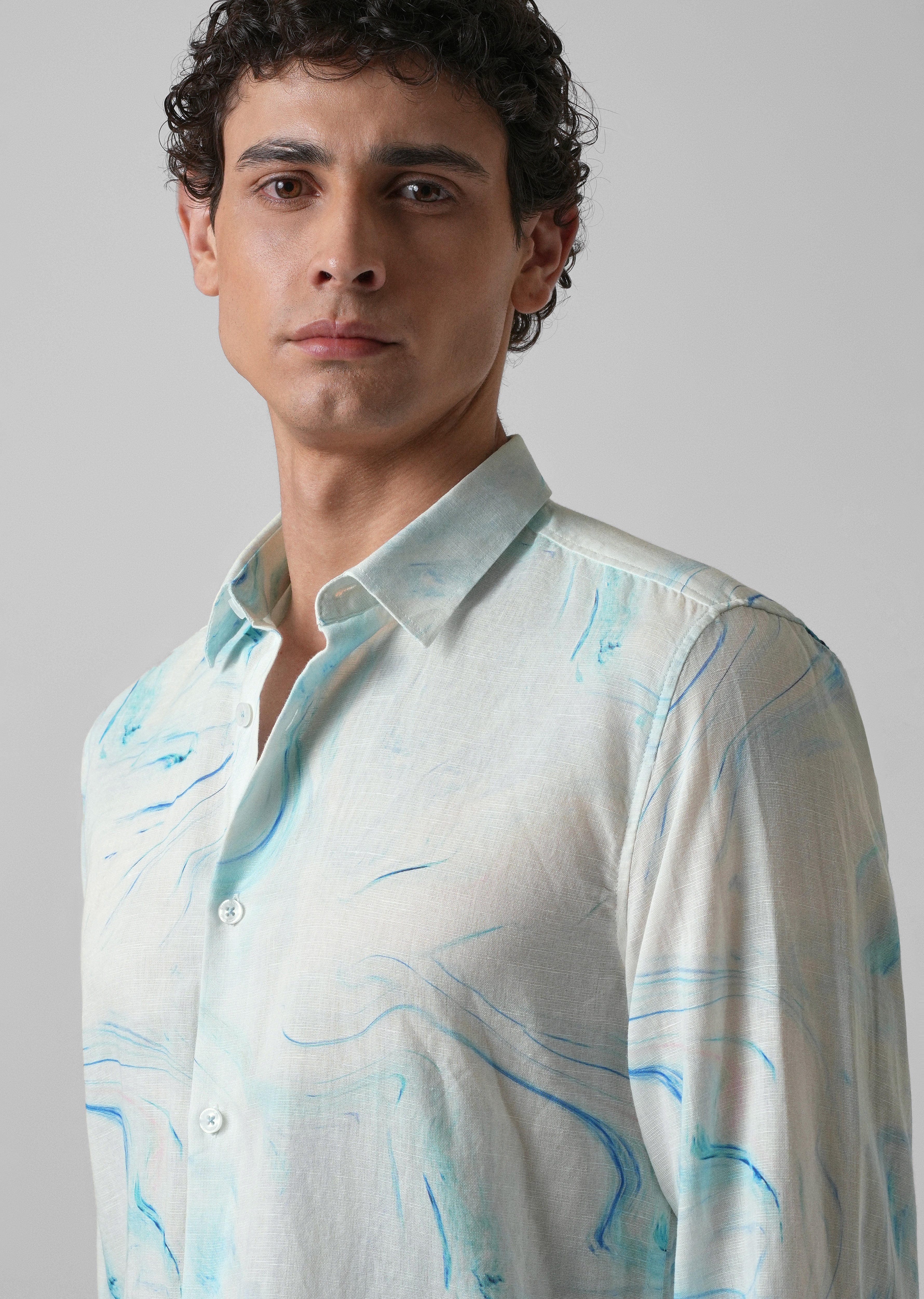 Blue Marble Printed Cotton Linen Shirt