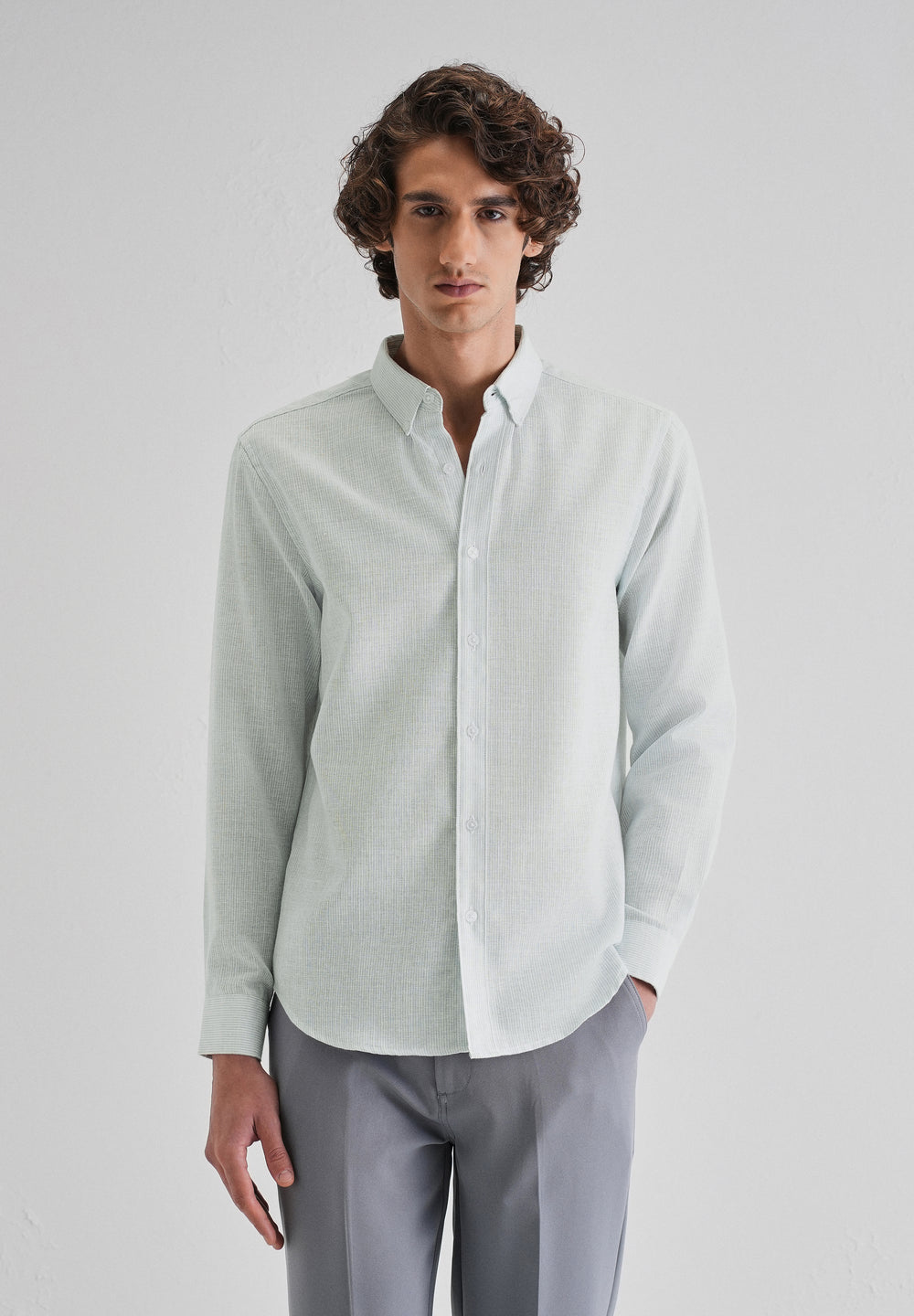 Blue Micro Striped Blended Linen Shirt