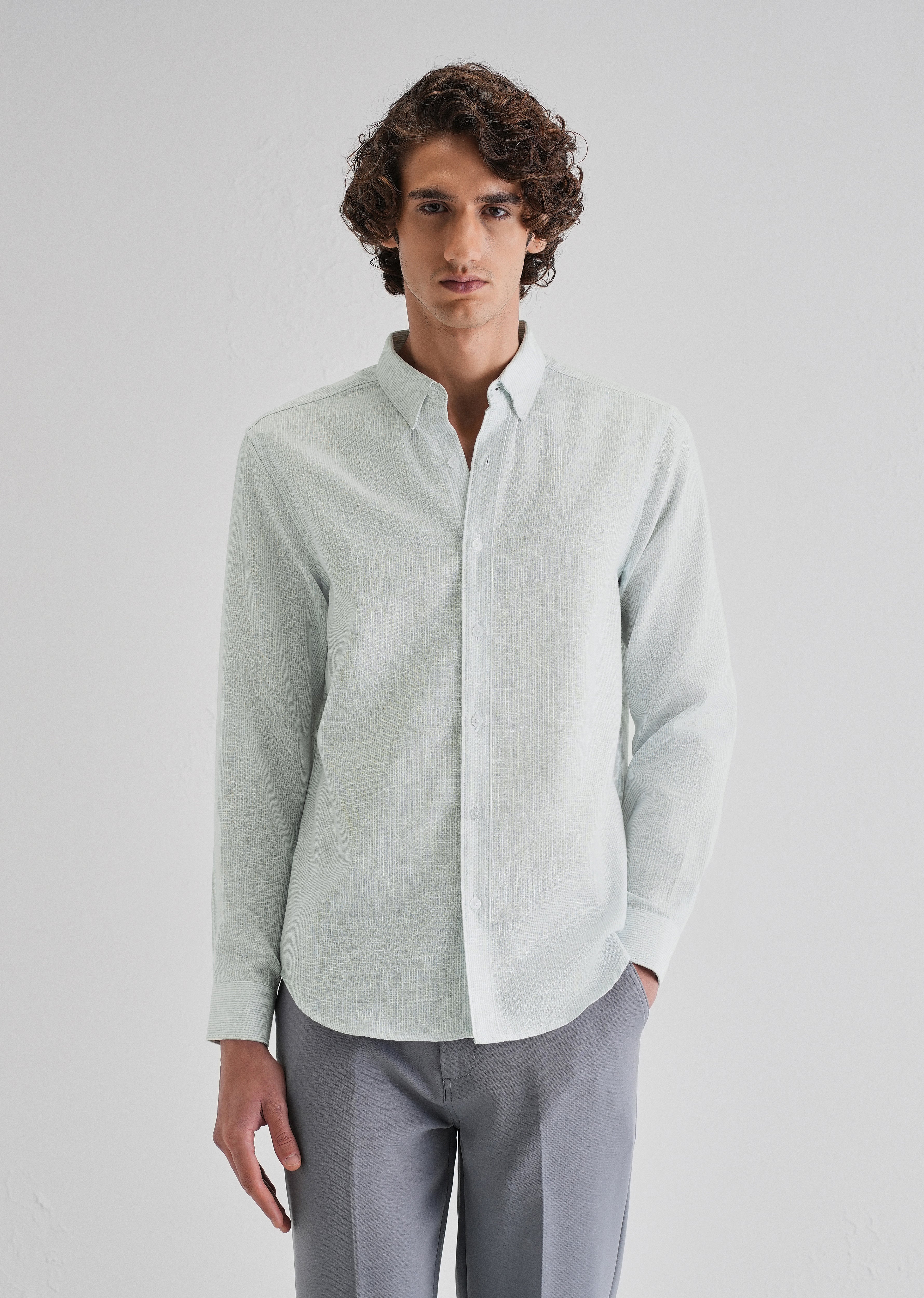 Blue Micro Striped Blended Linen Shirt