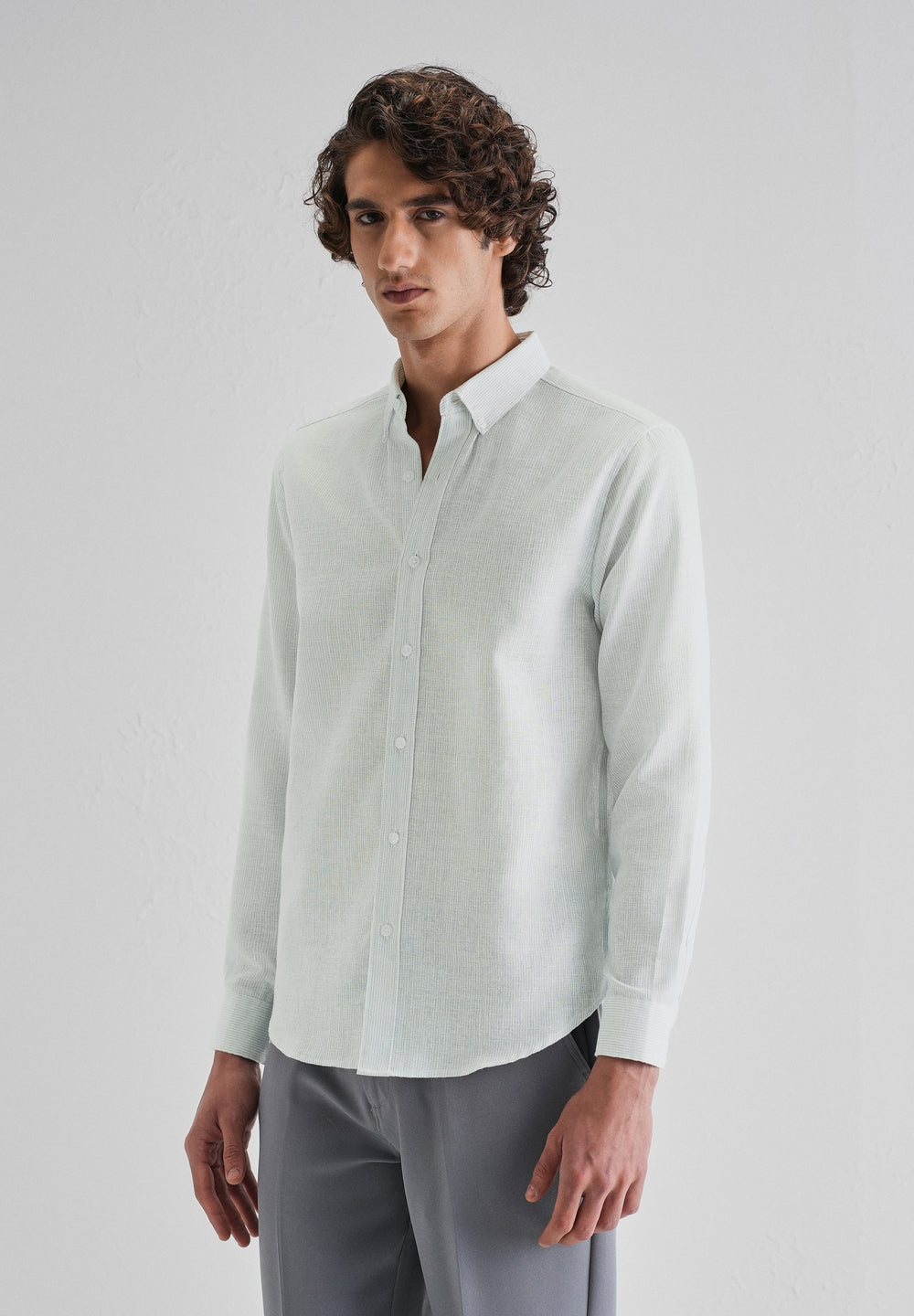 Blue Micro Striped Blended Linen Shirt