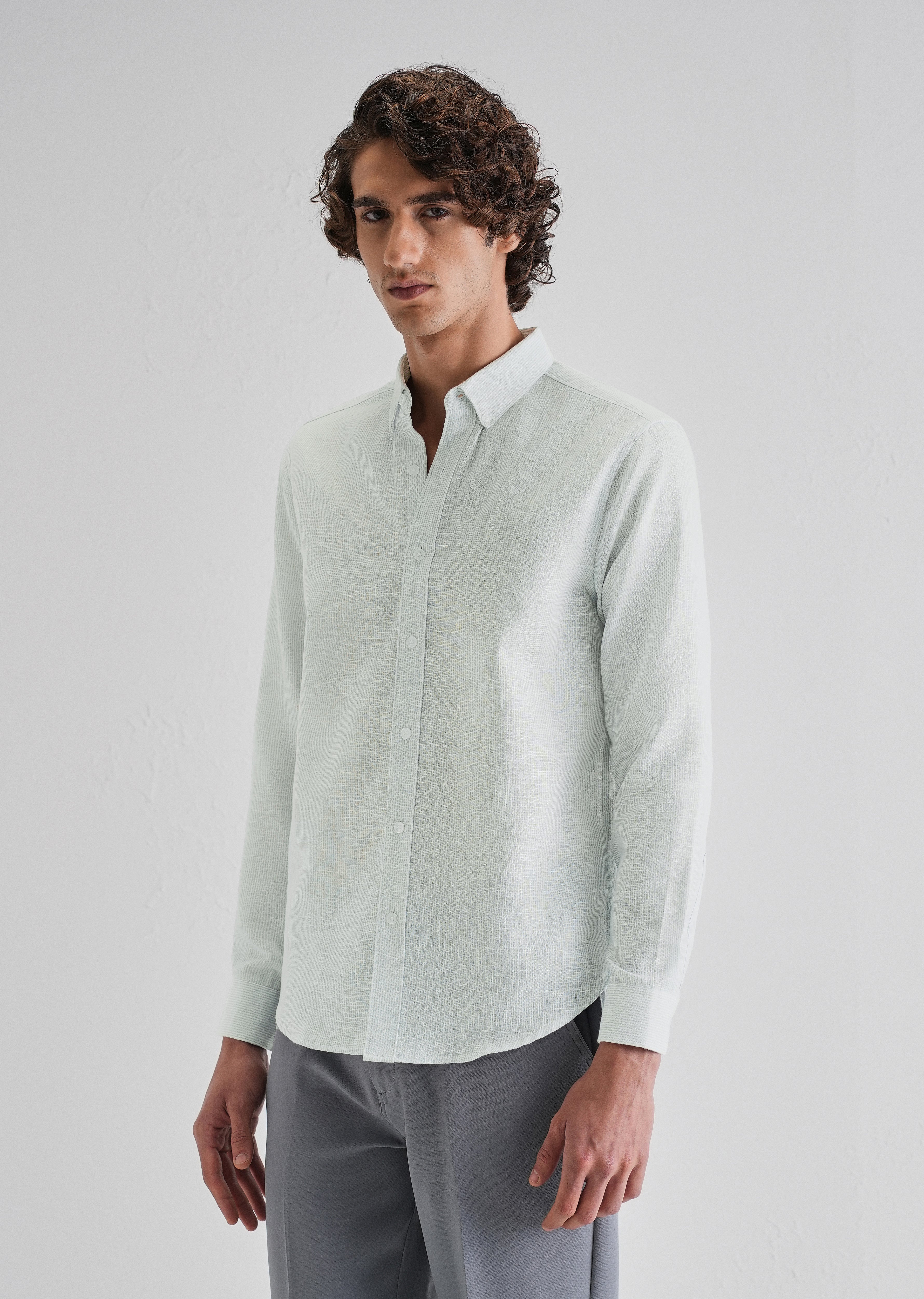 Blue Micro Striped Blended Linen Shirt
