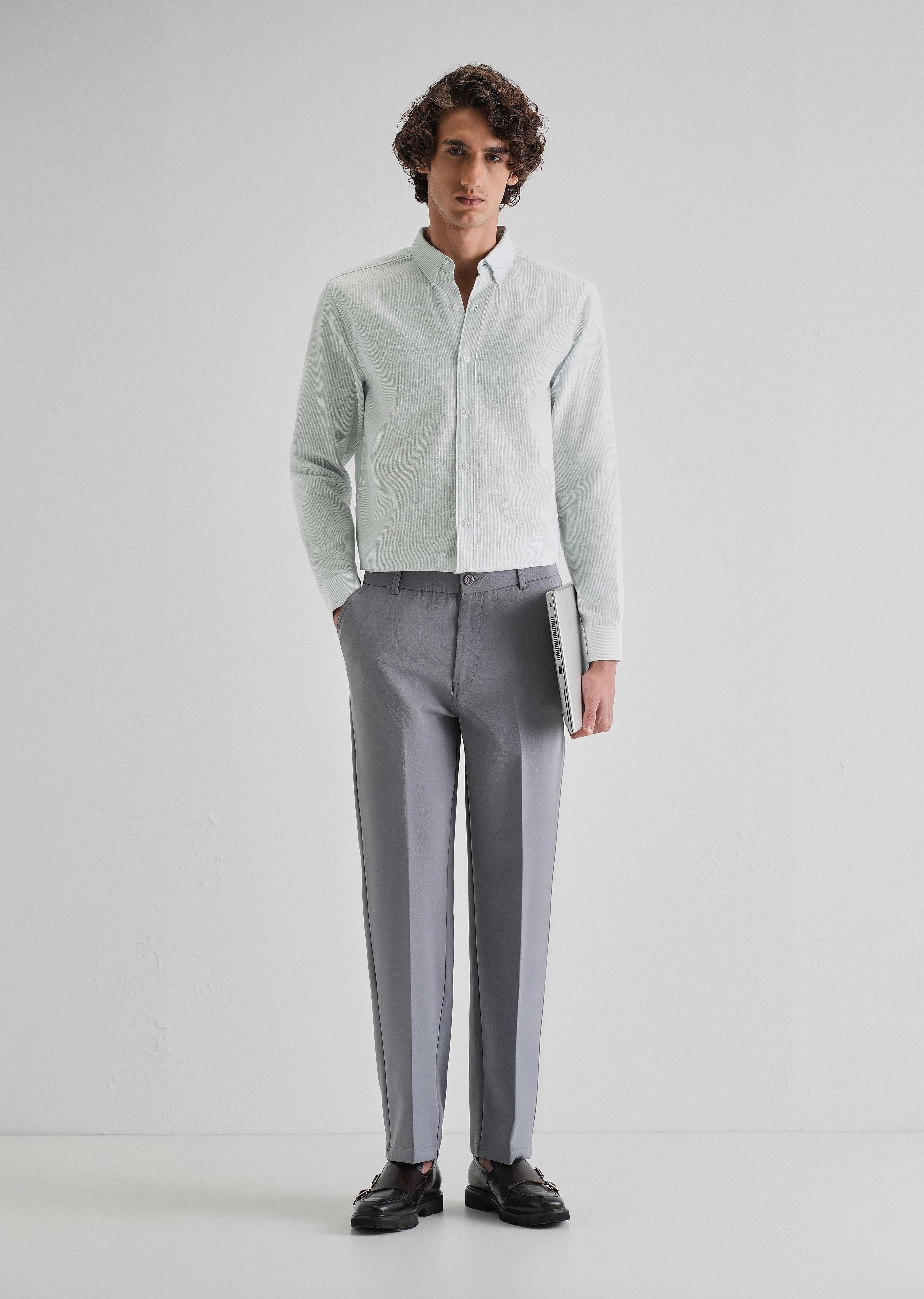 Blue Micro Striped Blended Linen Shirt