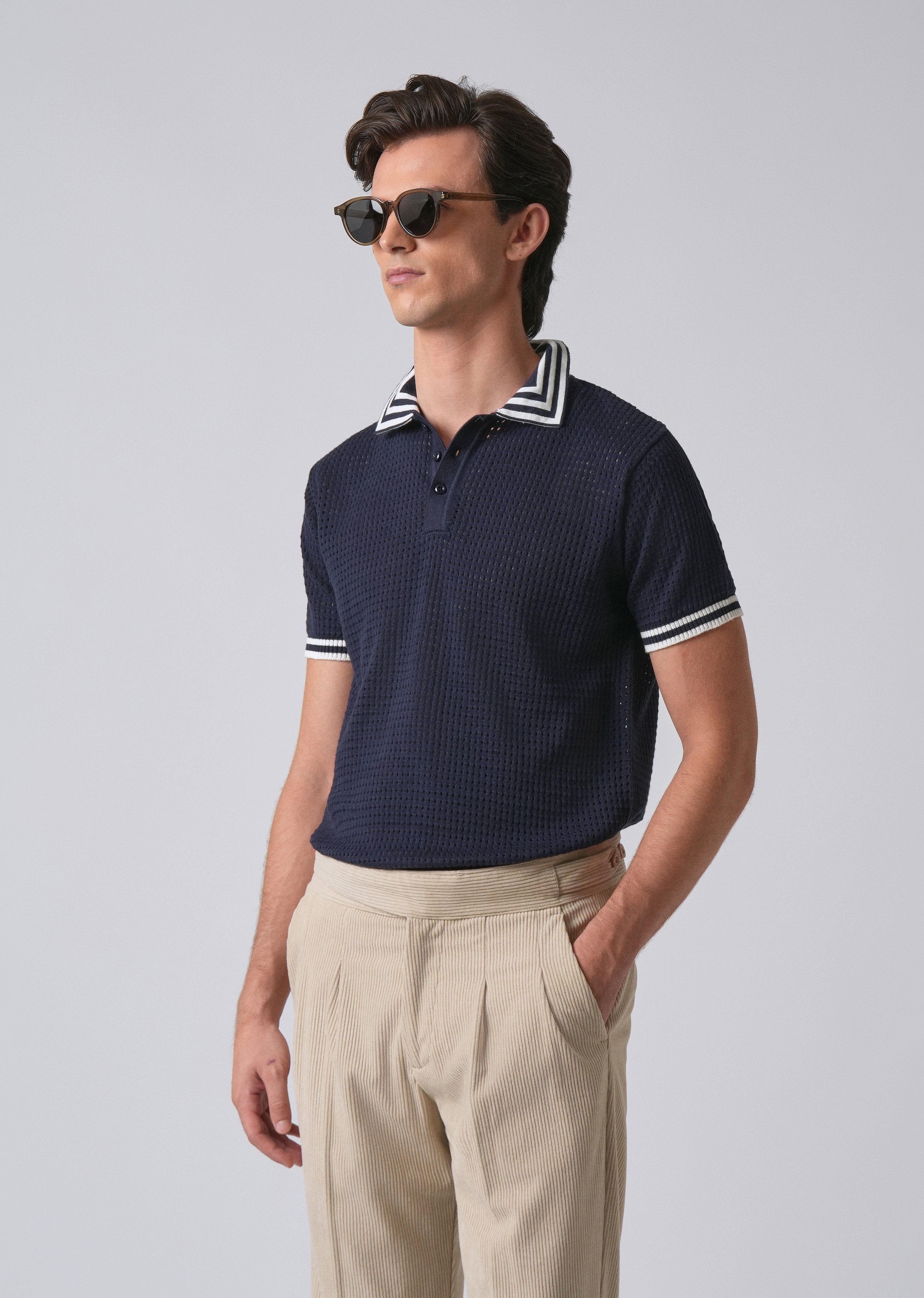 Blue Open Knitted Polo T-shirt