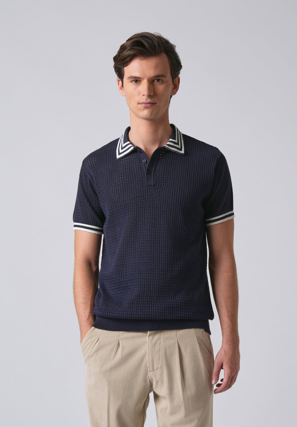 Blue Open Knitted Polo T-shirt