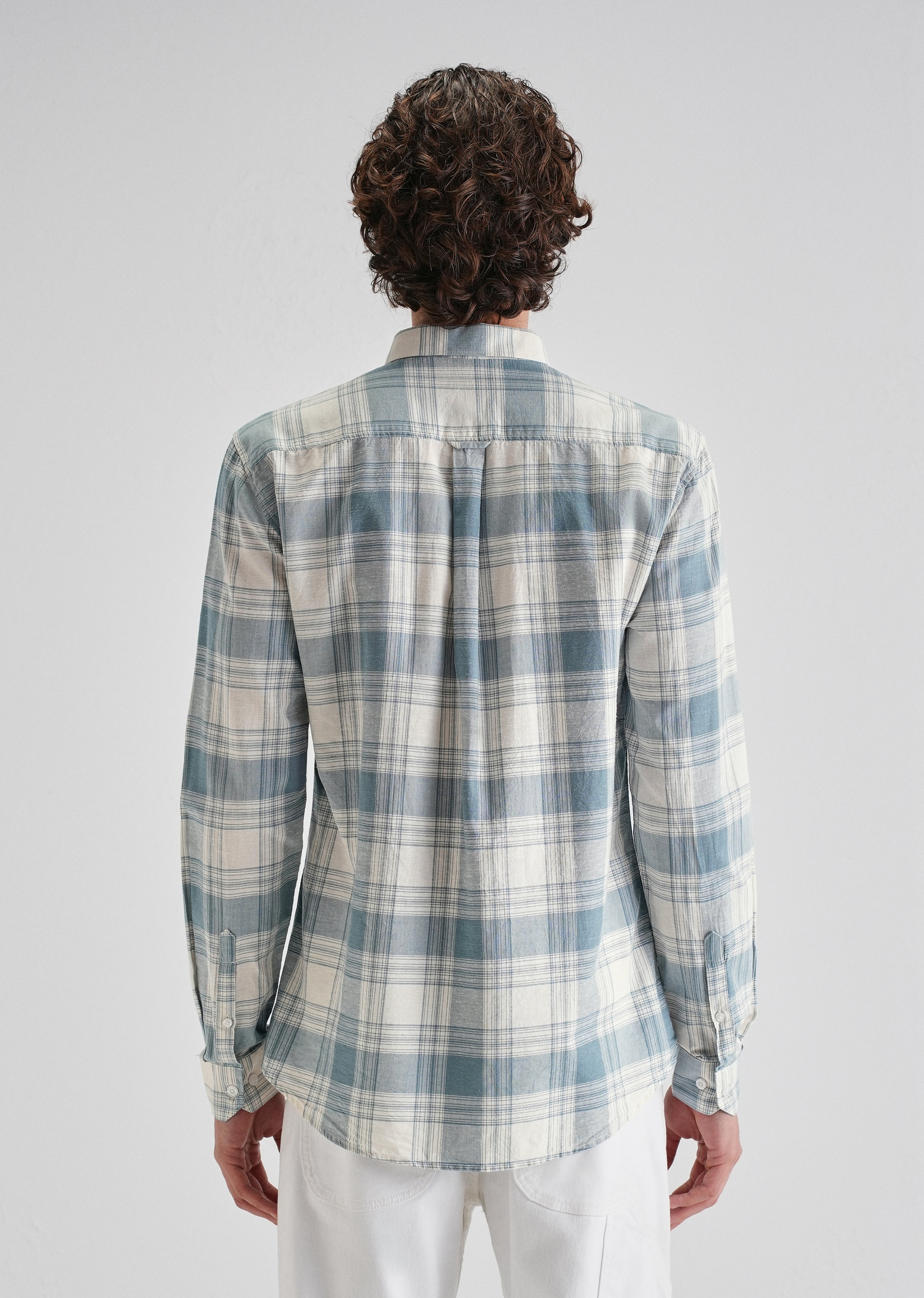Blue Plaid Checked Cotton Linen Shirt