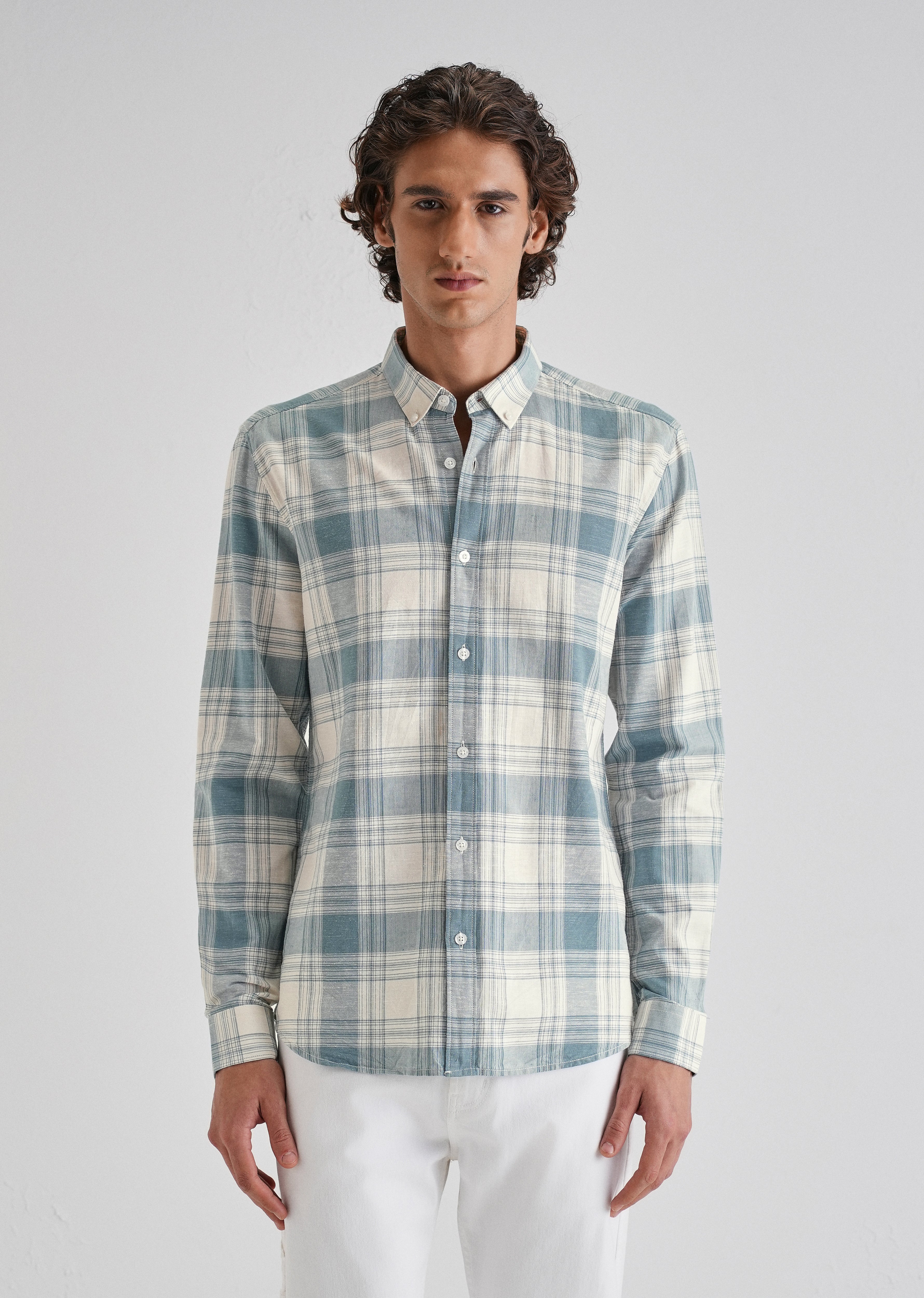 Blue Plaid Checked Cotton Linen Shirt