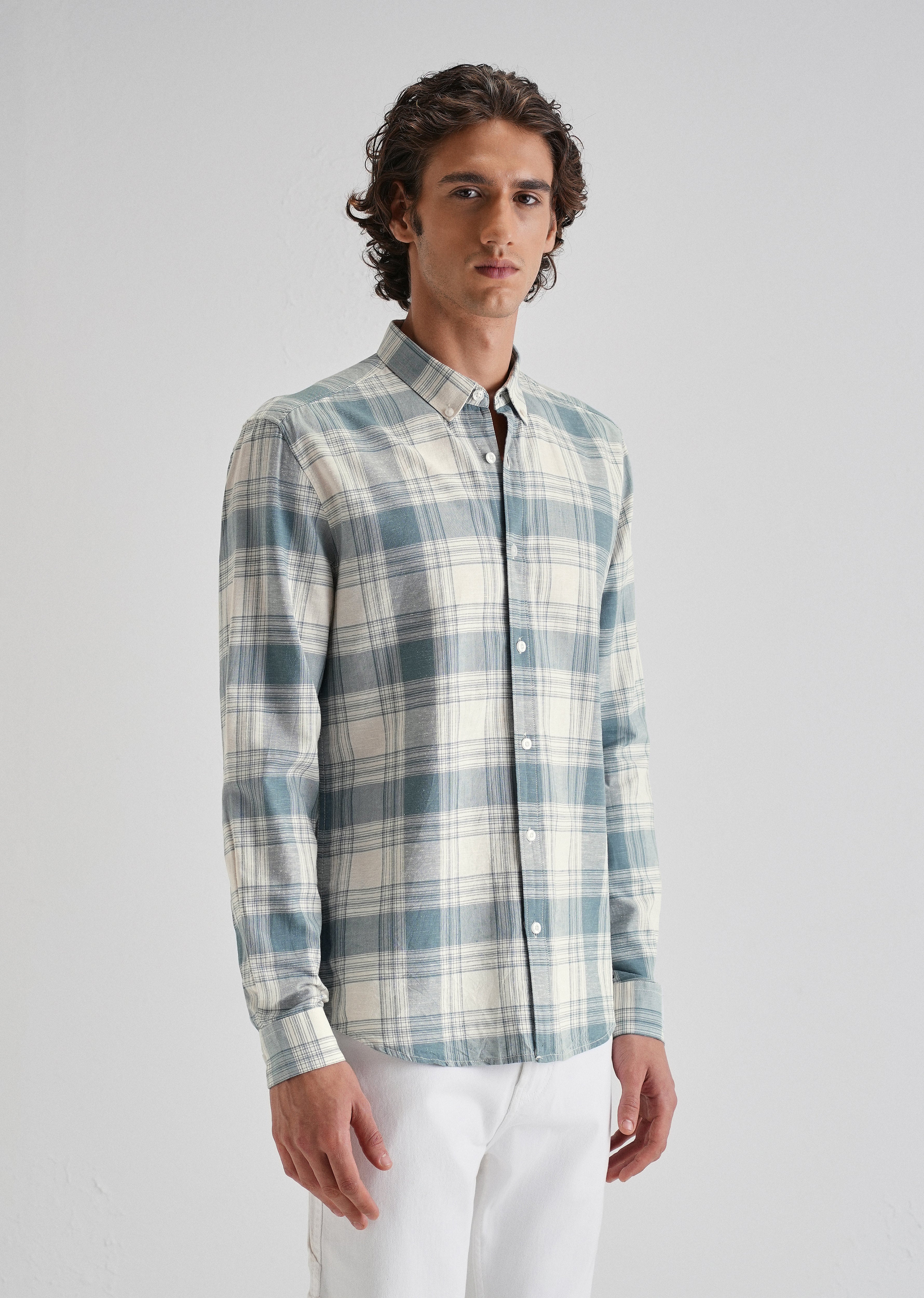 Blue Plaid Checked Cotton Linen Shirt