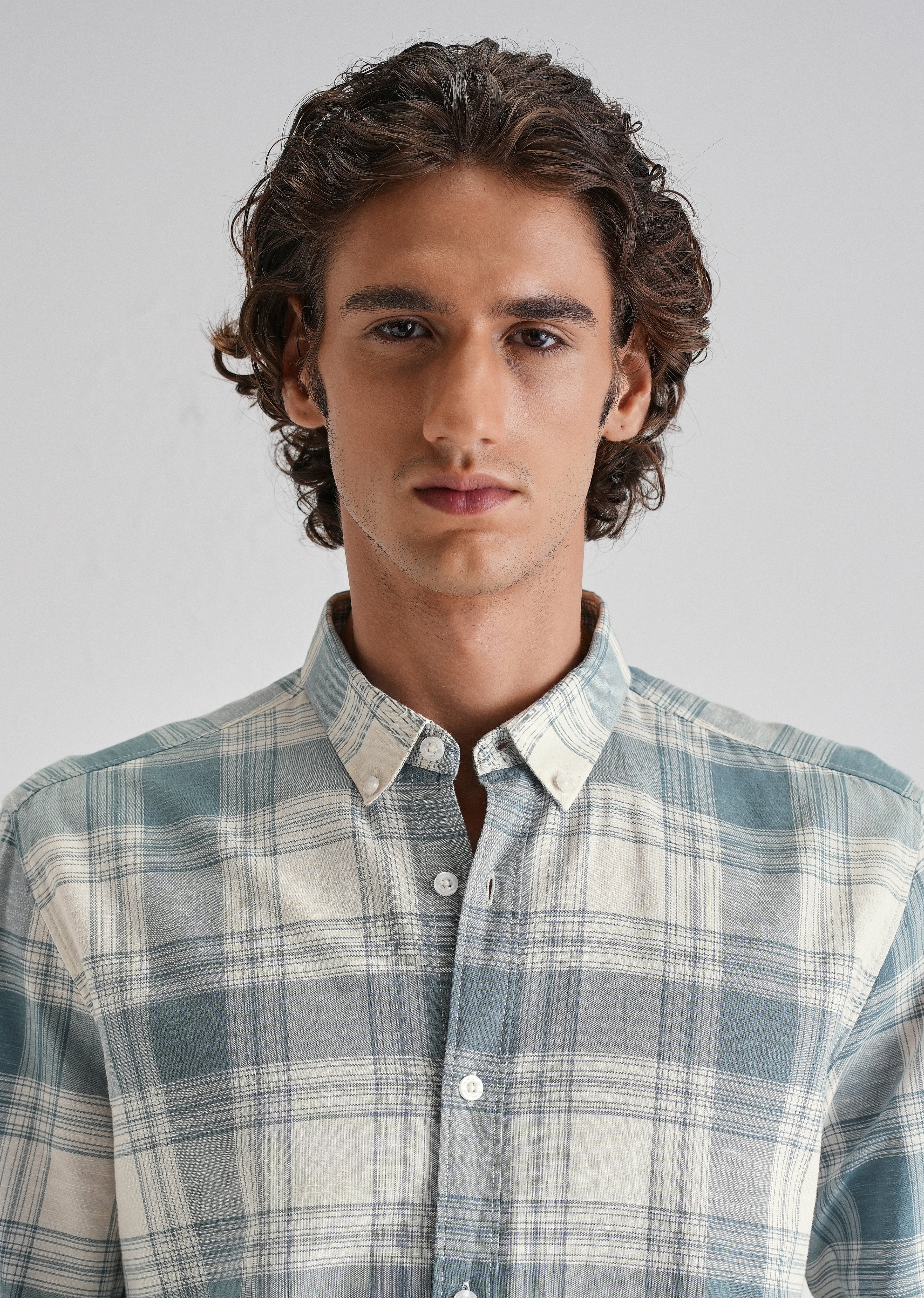Blue Plaid Checked Cotton Linen Shirt
