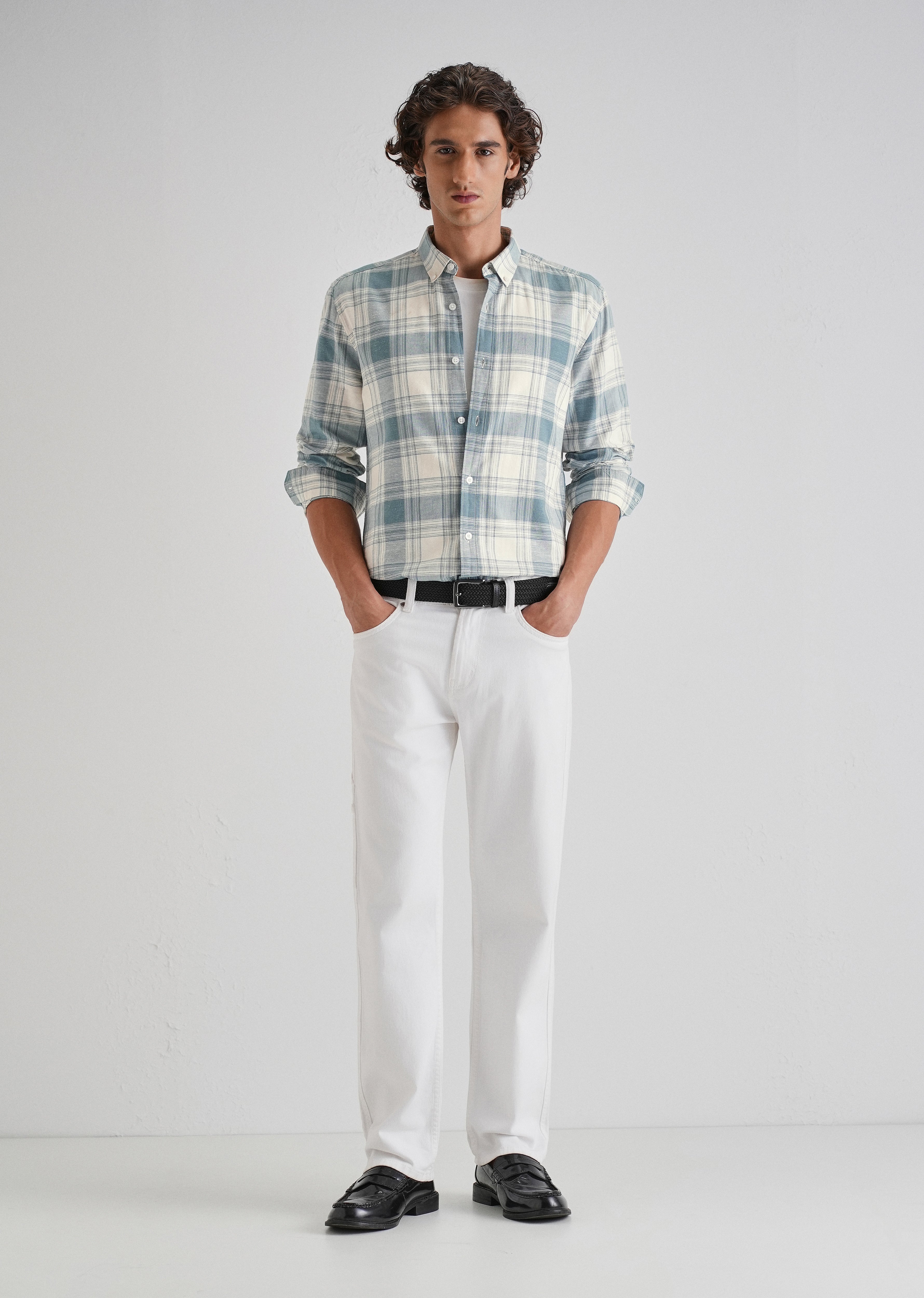 Blue Plaid Checked Cotton Linen Shirt