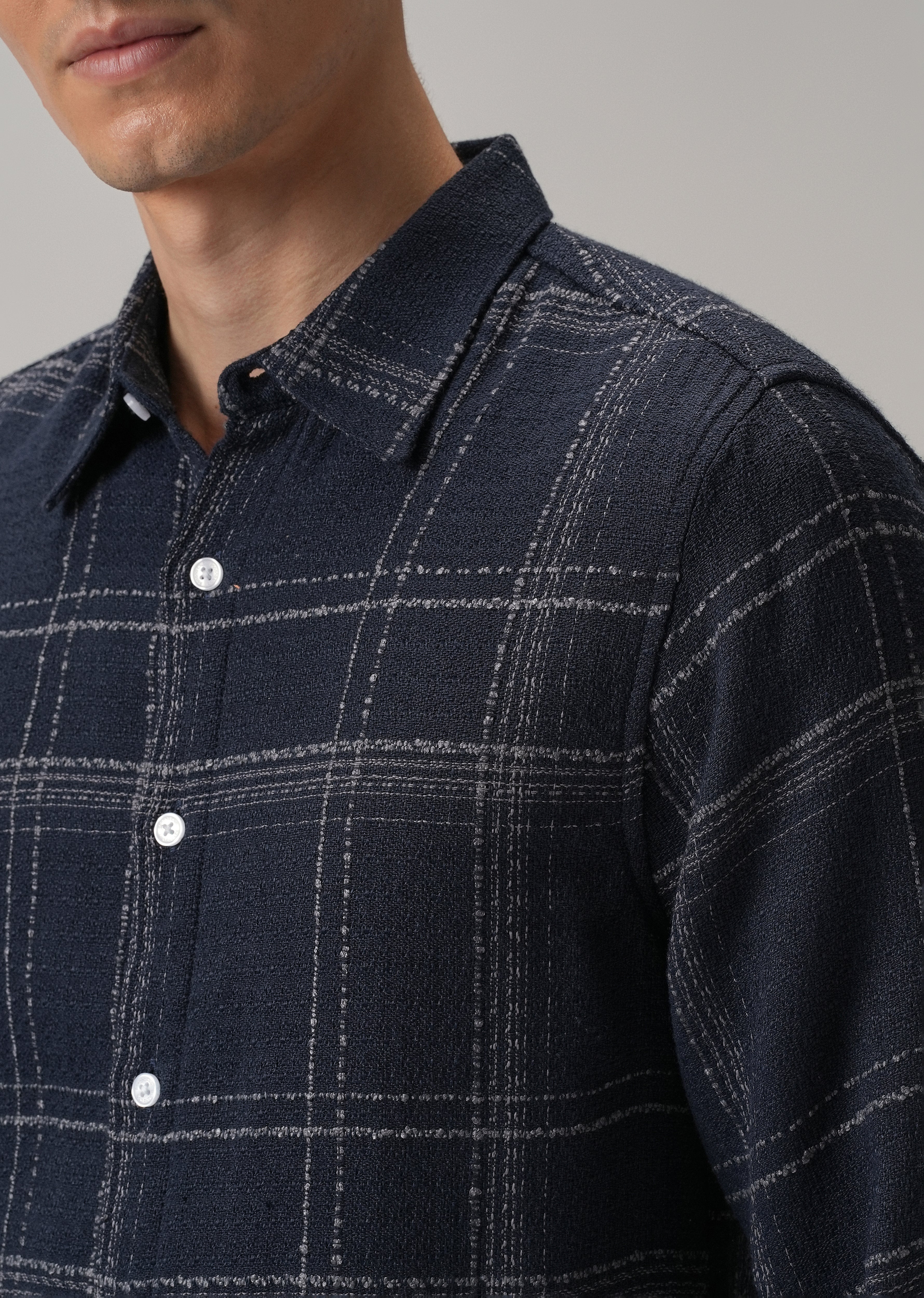 Blue Plaid Textured Cotton Check Shirt