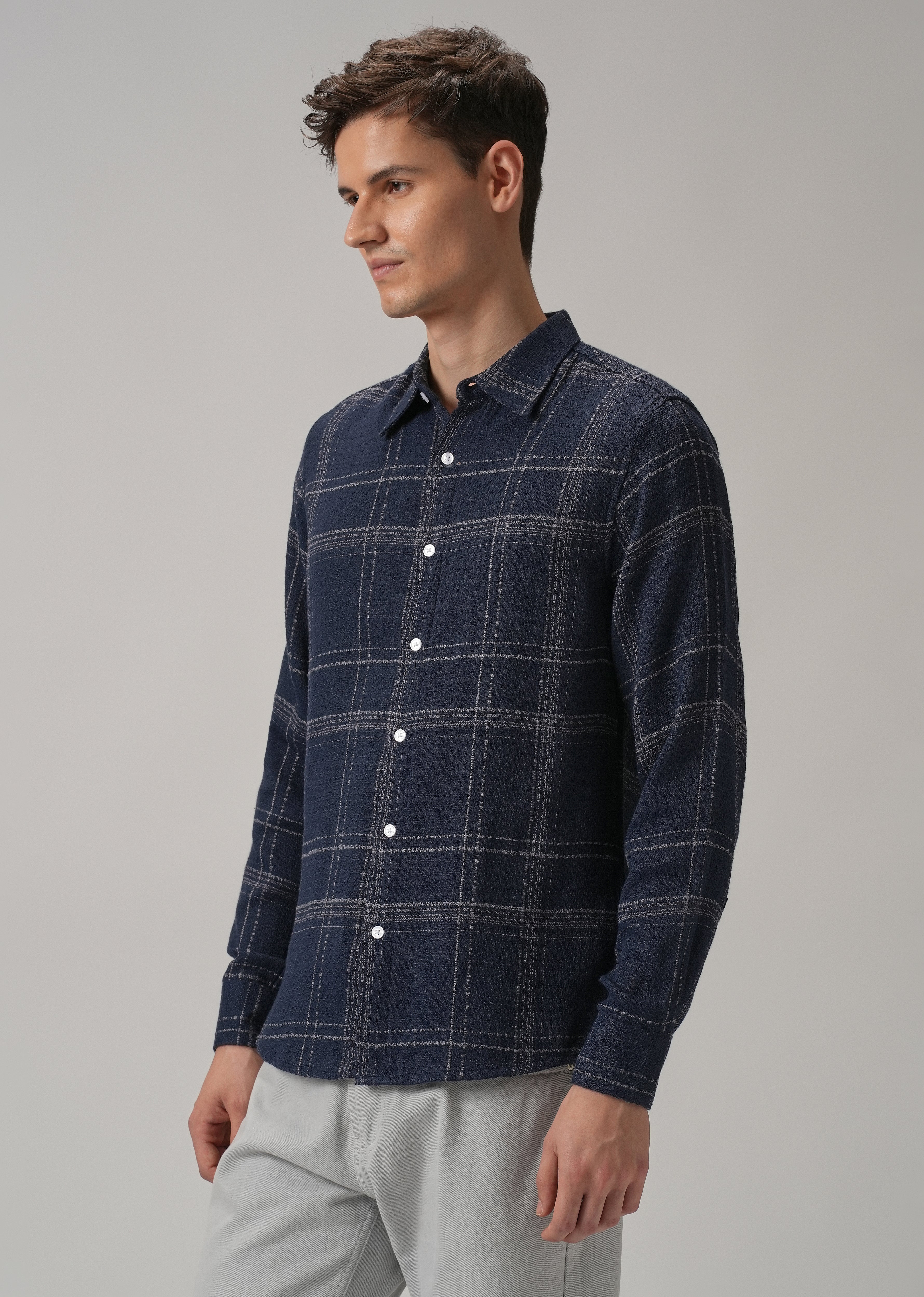 Blue Plaid Textured Cotton Check Shirt