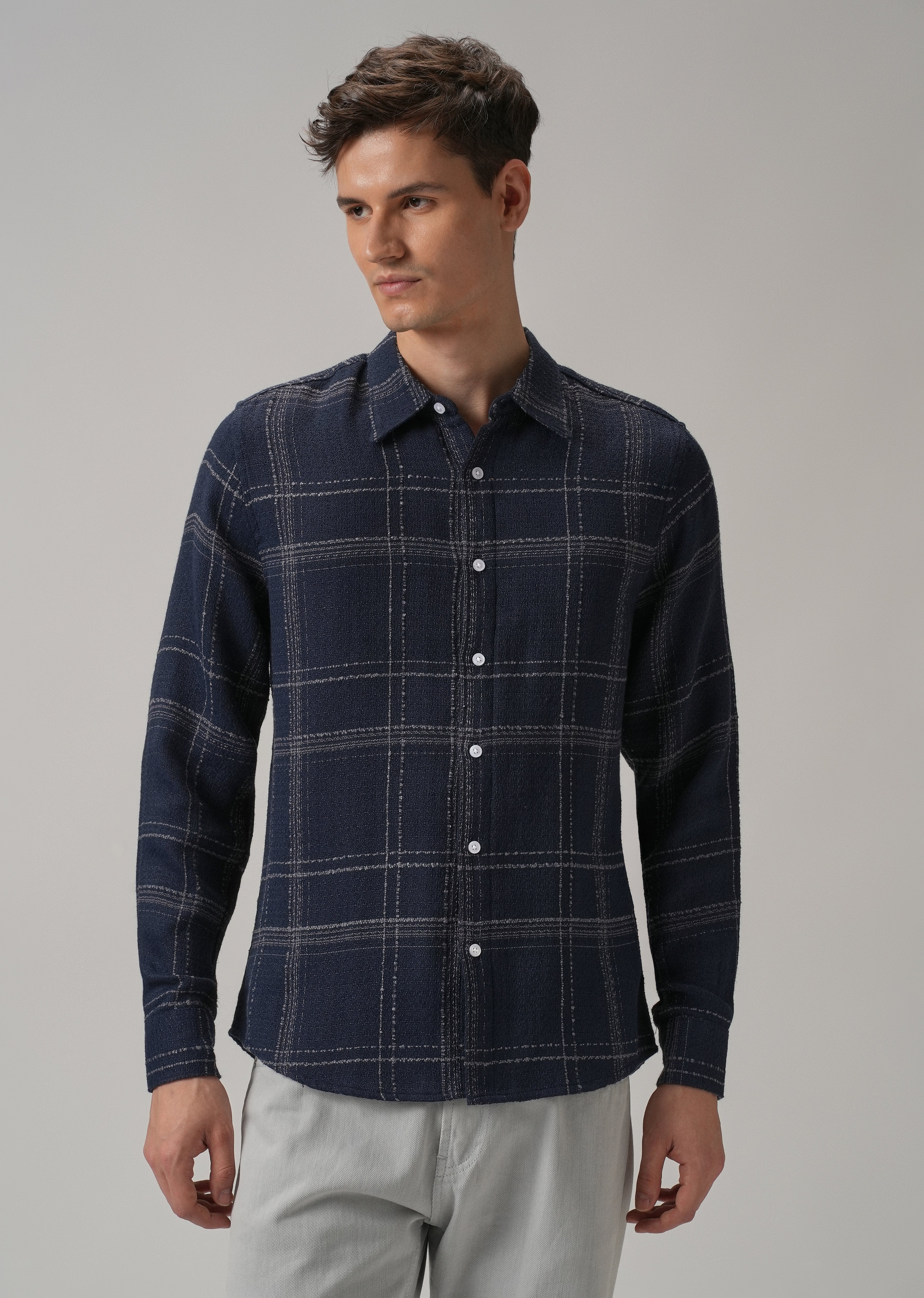 Blue Plaid Textured Cotton Check Shirt