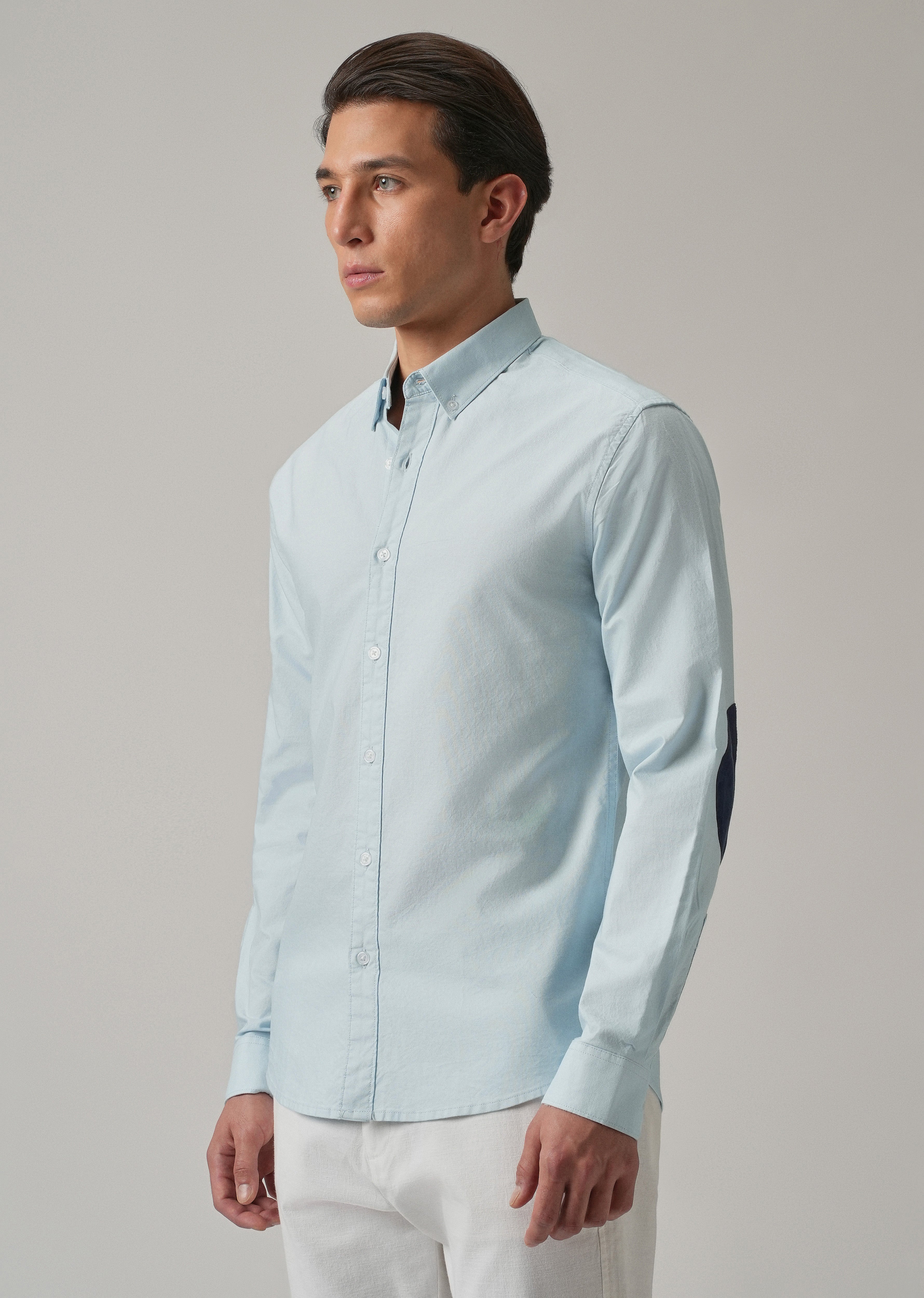Blue Plain Elbow Patch Oxford Shirt