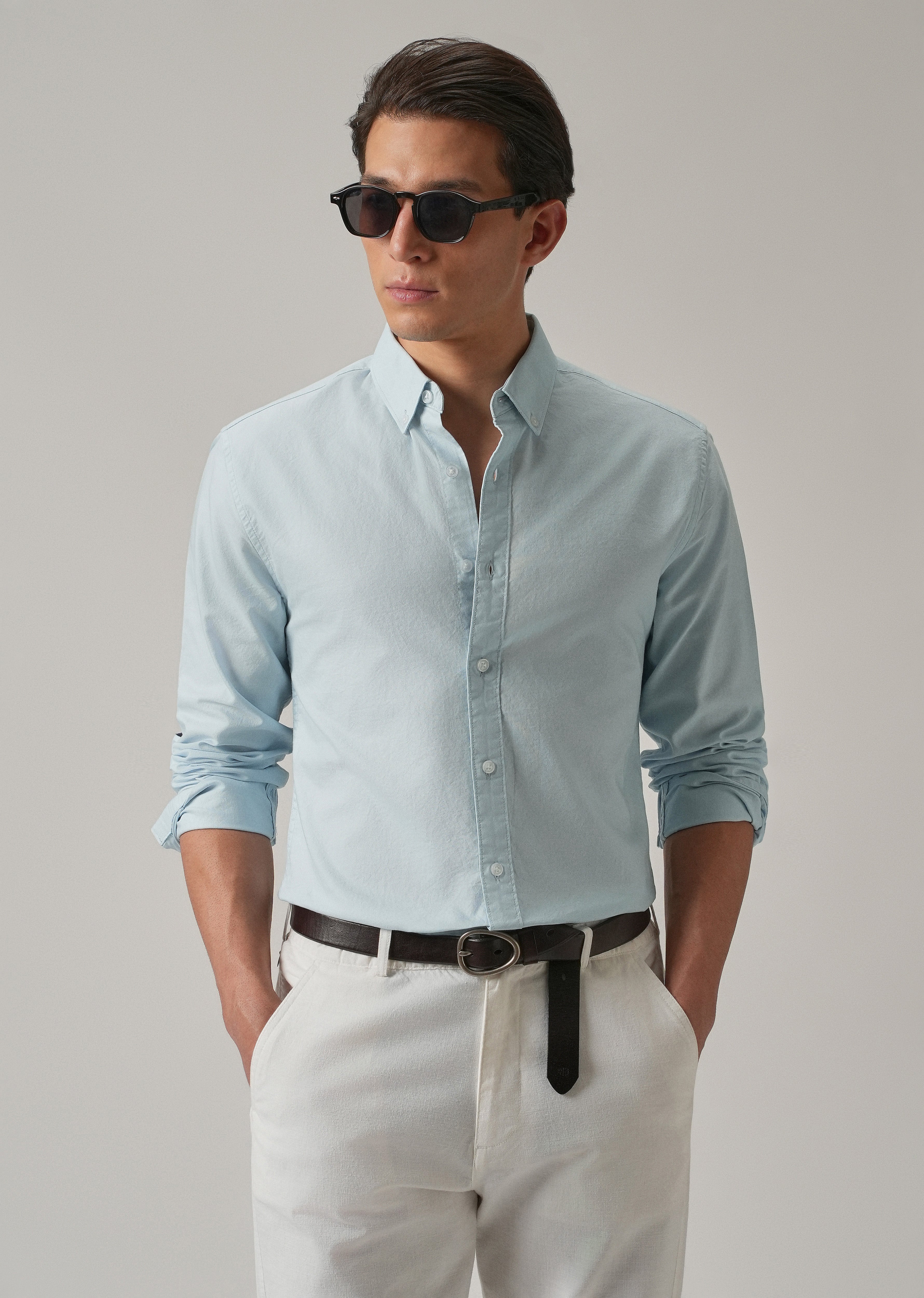 Blue Plain Elbow Patch Oxford Shirt