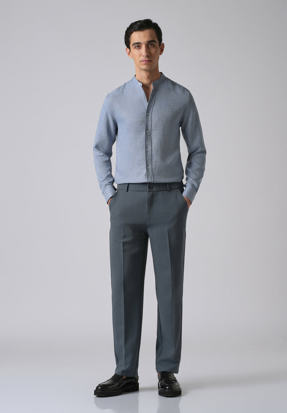 Blue Plain Mandarin Collar Shirt