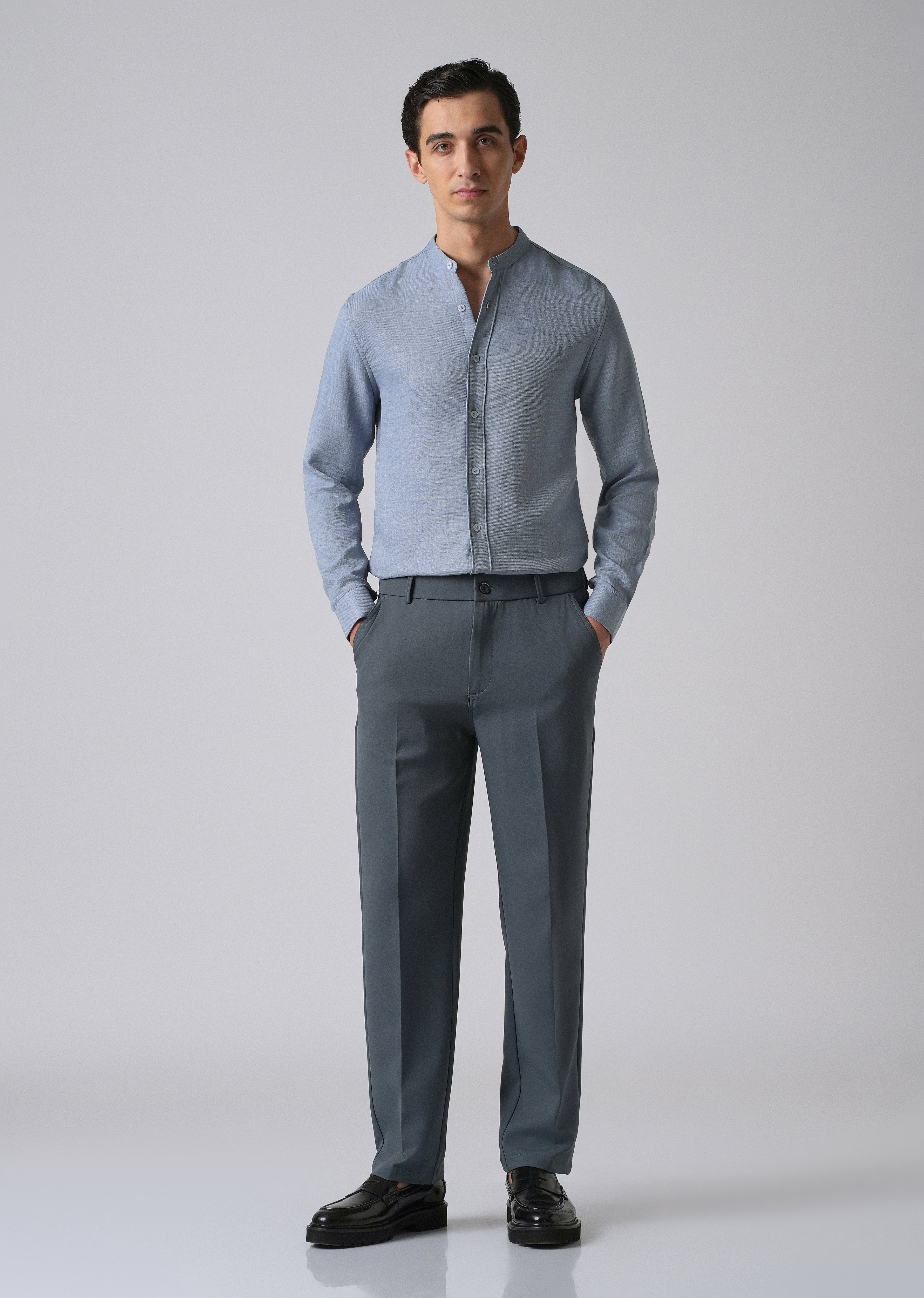 Blue Plain Mandarin Collar Shirt